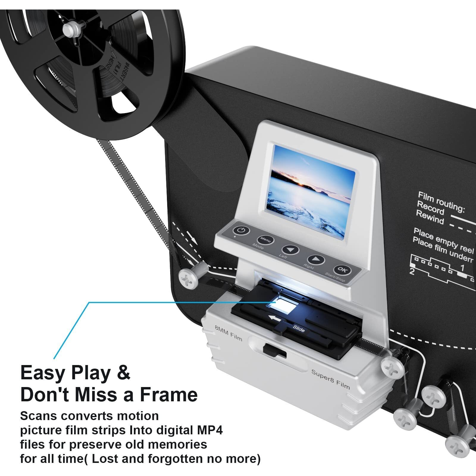 8Mm & Super 8 Film To Digital Converter  Film Scanner Digitizer With 2.4"" Screen  Convert 3  5  7  9  Reels Into 1080P Digital Mp4 Files Sharing & Saving On 32Gb Sd Card