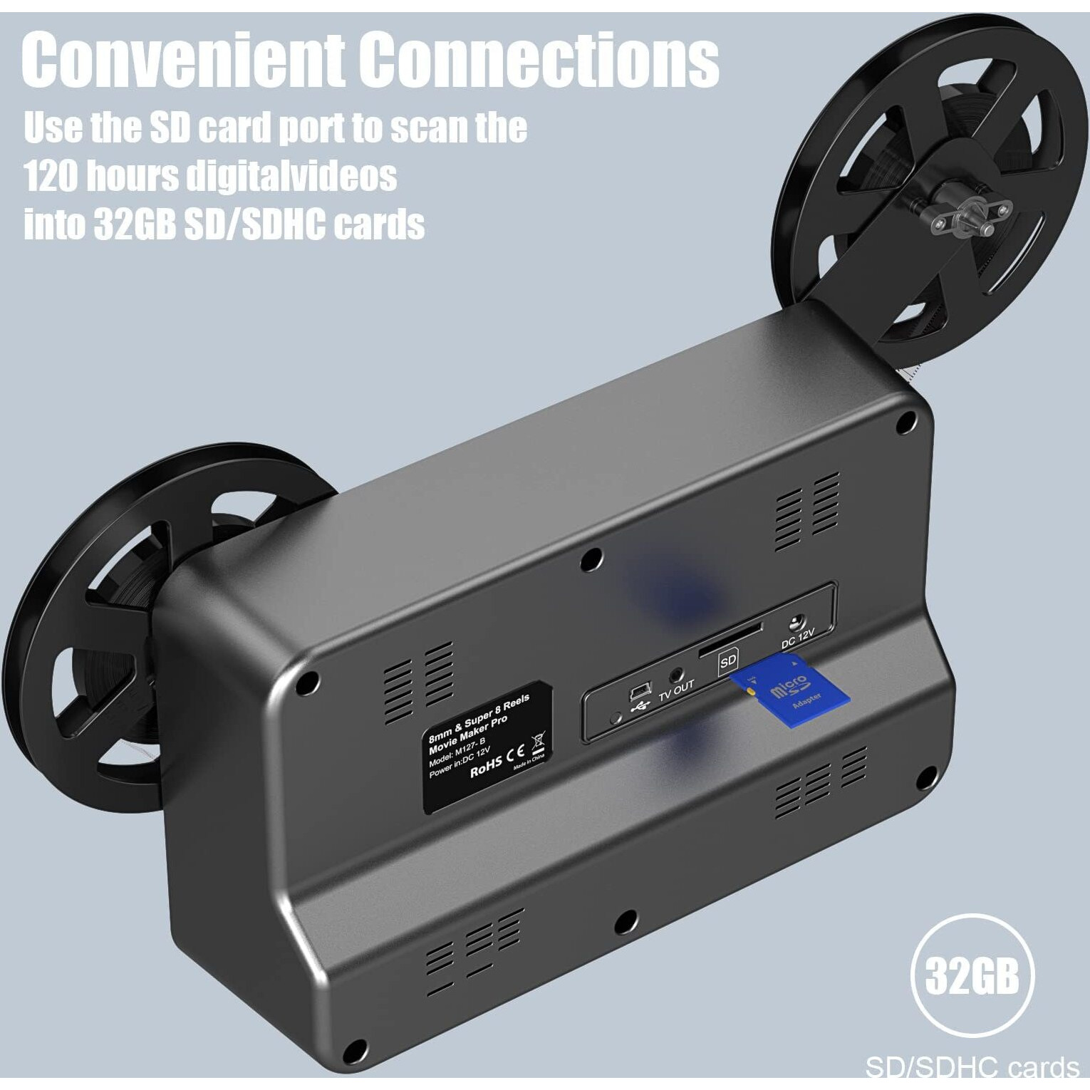 8Mm & Super 8 Film To Digital Converter  Film Scanner Digitizer With 2.4"" Screen  Convert 3  5  7  9  Reels Into 1080P Digital Mp4 Files Sharing & Saving On 32Gb Sd Card
