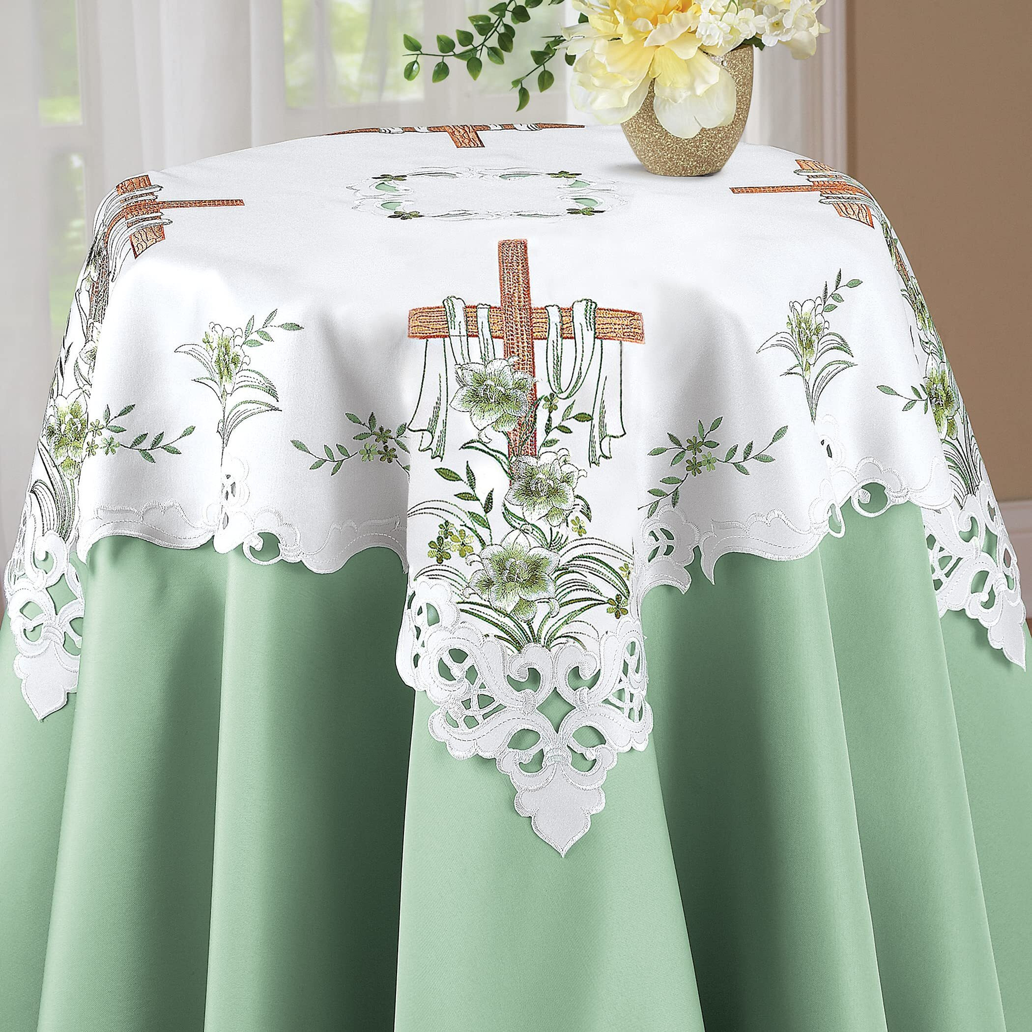 Collections Etc Embroidered Lily And Cross Easter Table Linens Square