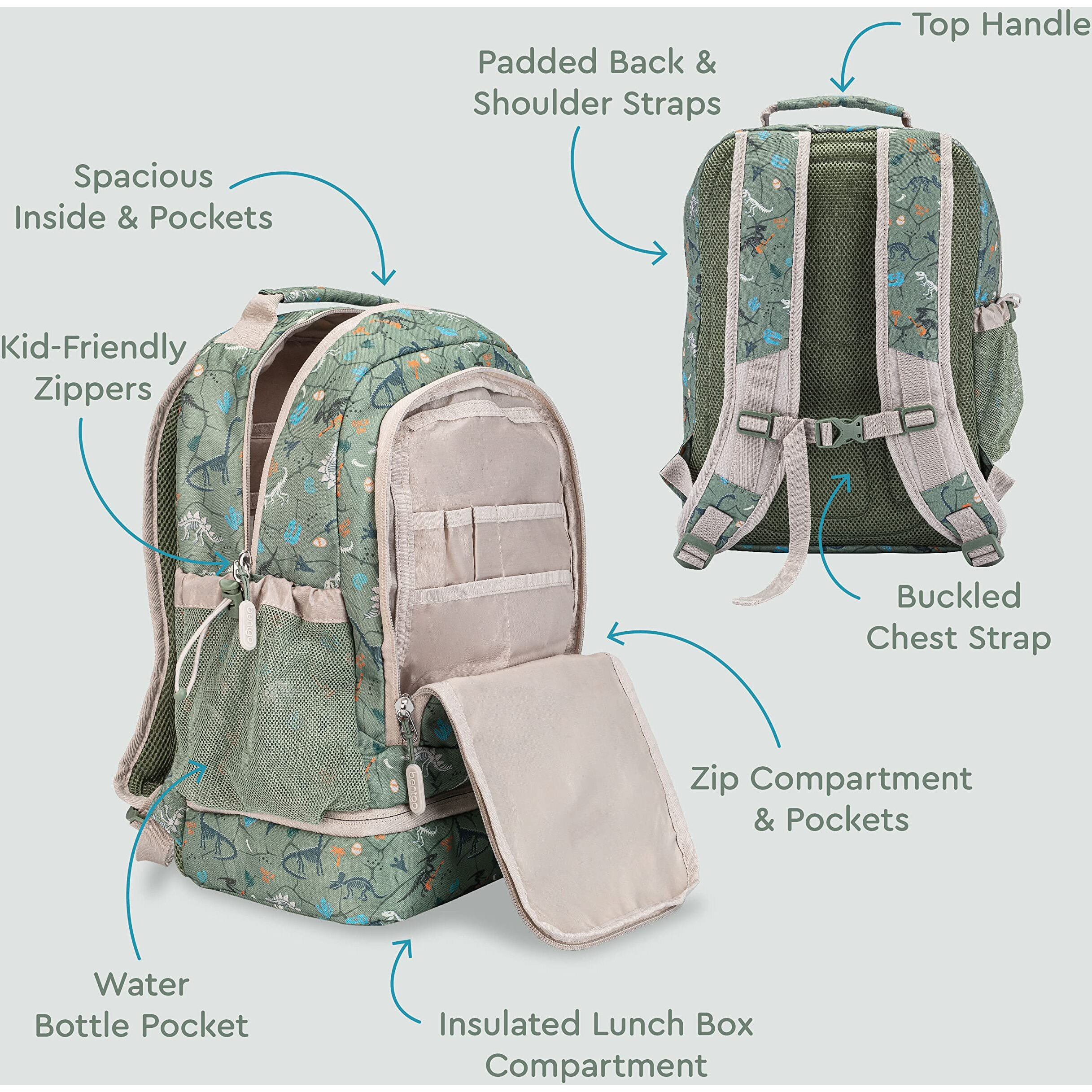 Bentgo Kids 2-In-1 Backpack & Insulated Lunch Bag - Durable 16  Backpack & Lunch Container In Unique Prints For School & Travel - Water Resistant  Padded & Large Compartments (Dino Fossils)