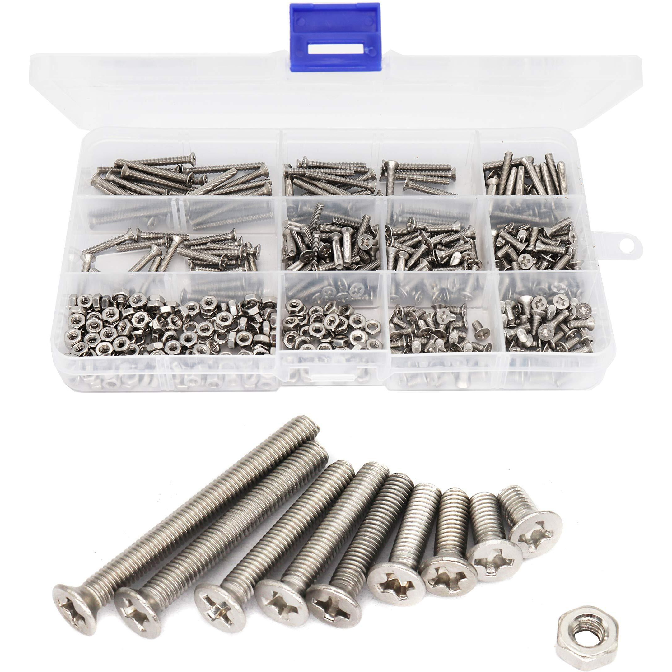 Binifimux 500Pcs M3 Phillips Countersunk Flat Head Machine Screws Hex Nuts Assortment Kit 304 Stainless Steel  M3 X 6Mm / 8Mm / 10Mm / 12Mm / 16Mm / 18Mm / 20Mm / 25Mm / 30Mm