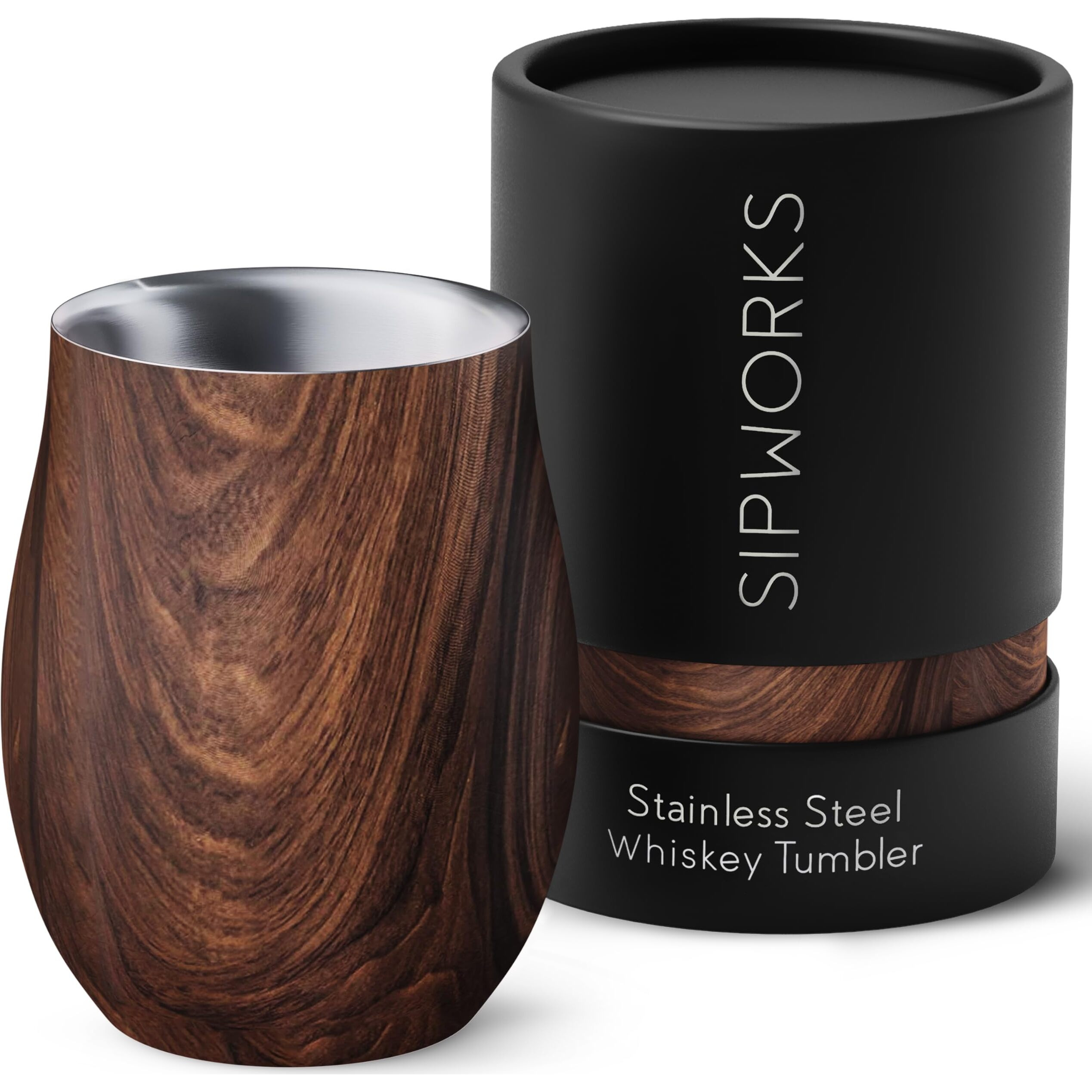 Sipworks Whiskey Tumbler - 8 Oz Stainless Steel Tumbler With Double Walled Vacuum Insulation - Dishwasher Safe  Spill Resistant  Insulated Whiskey Tumbler For Travel & Parties - Mahogany