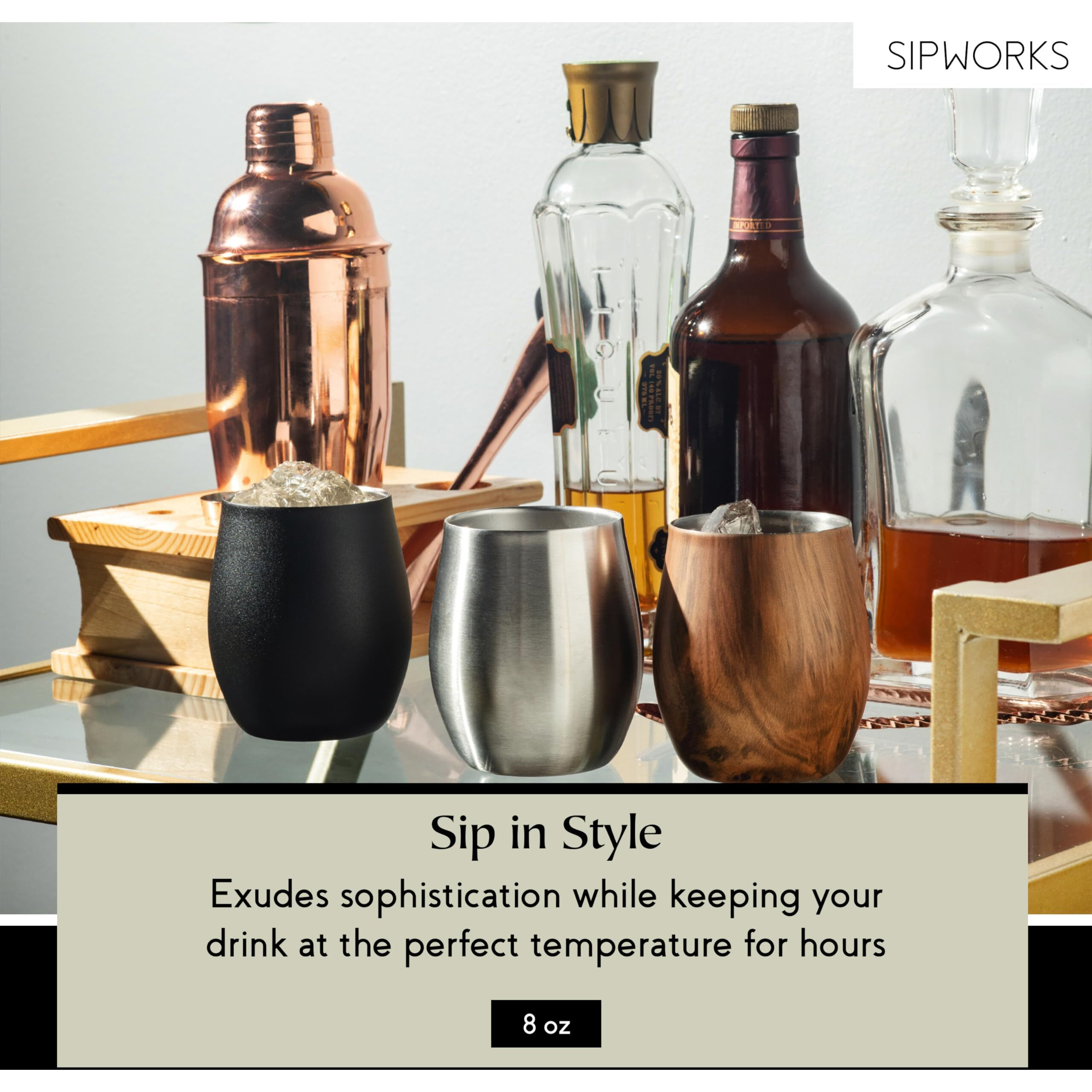 Sipworks Whiskey Tumbler - 8 Oz Stainless Steel Tumbler With Double Walled Vacuum Insulation - Dishwasher Safe  Spill Resistant  Insulated Whiskey Tumbler For Travel & Parties - Mahogany