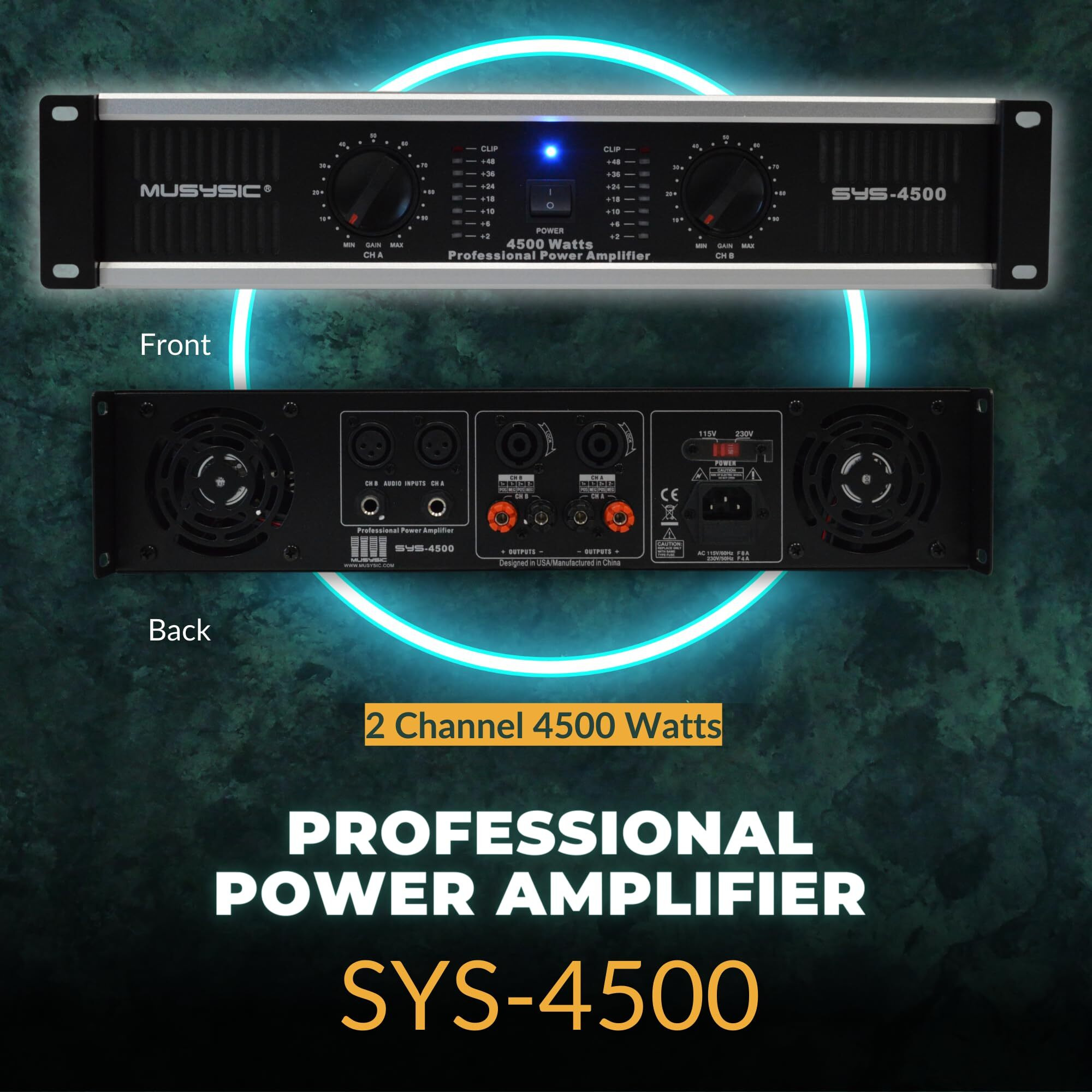Musysic 2 Channel Power Amplifier Distortion Free And Clear Sound - Professional 2U Chassis Rack Mount Amplifiers For Djs/Experts/Events W/Atr Technology/Xlr And 1/4 Inch Inputs - 4500 Watts