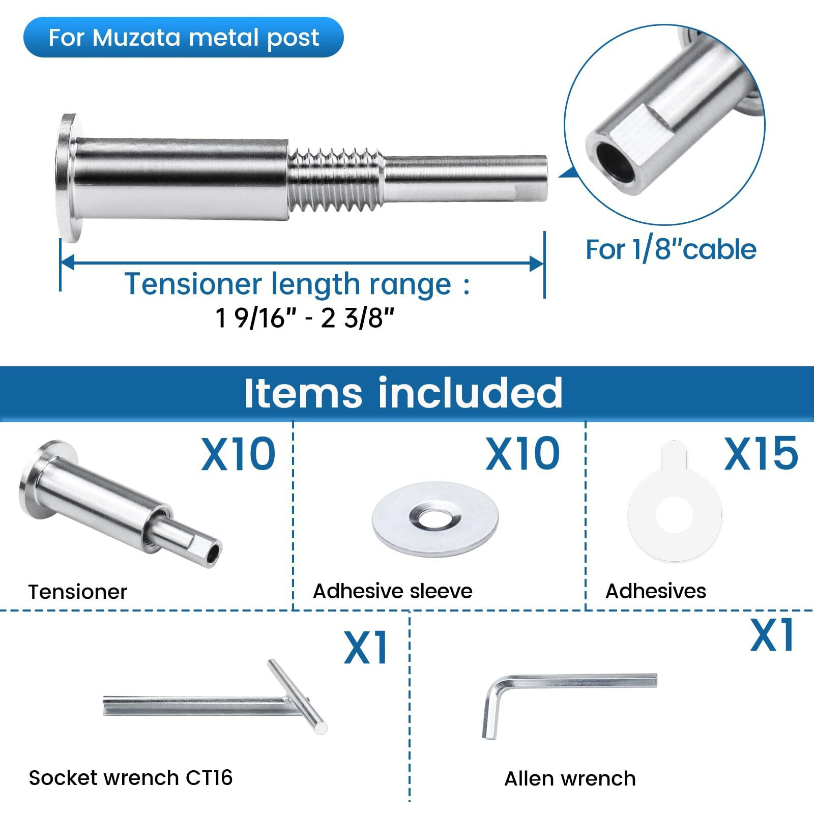 [Patent] Muzata 10Pack Invisible Cable Railing Kit For 1/8"" Wire Rope Upgraded Hand Swage Tensioner T316 Stainless Steel Cable Railing Hardware Compeletly Hidden For 2"&quotX2"" Metal Deck Post Cb40