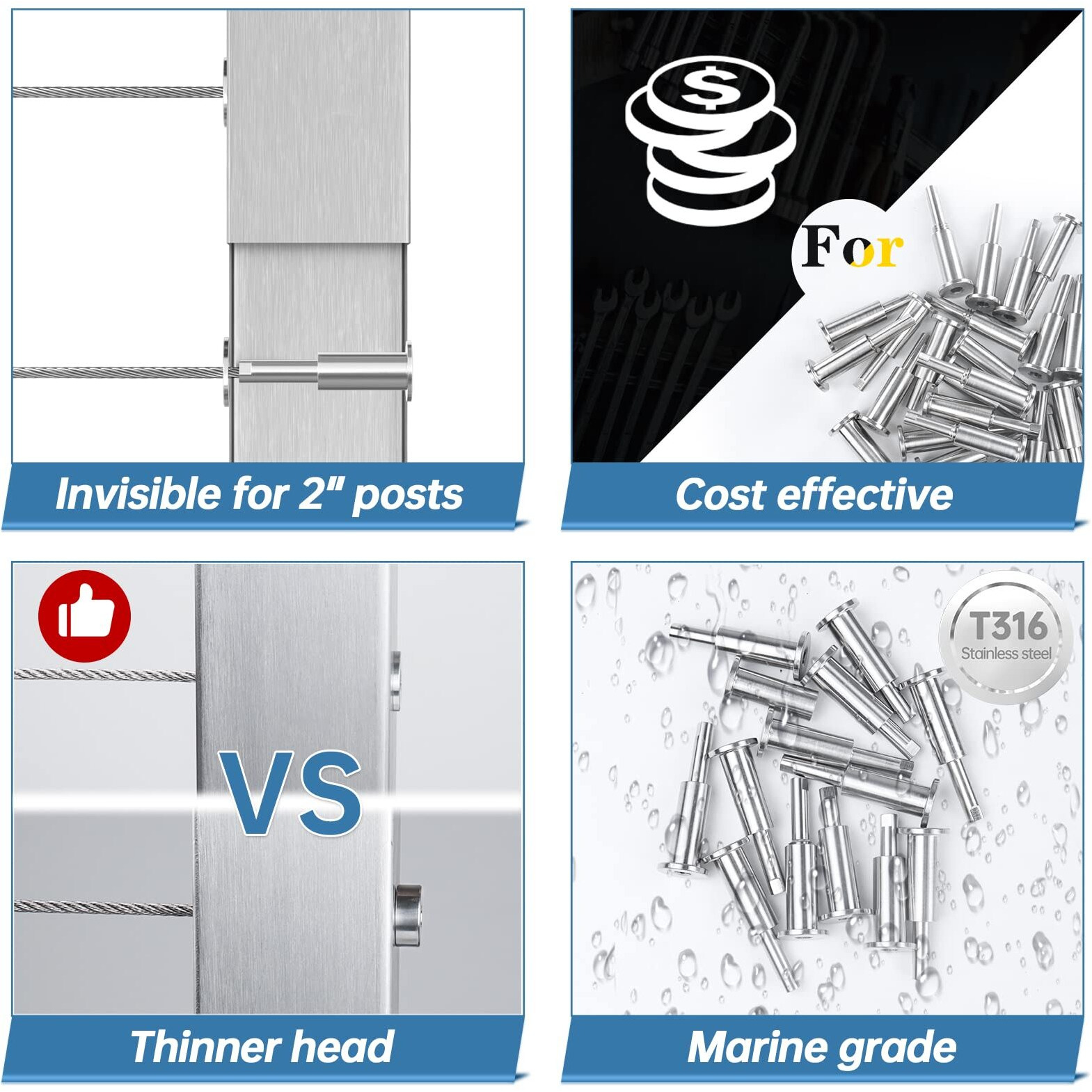 [Patent] Muzata 10Pack Invisible Cable Railing Kit For 1/8"" Wire Rope Upgraded Hand Swage Tensioner T316 Stainless Steel Cable Railing Hardware Compeletly Hidden For 2"&quotX2"" Metal Deck Post Cb40