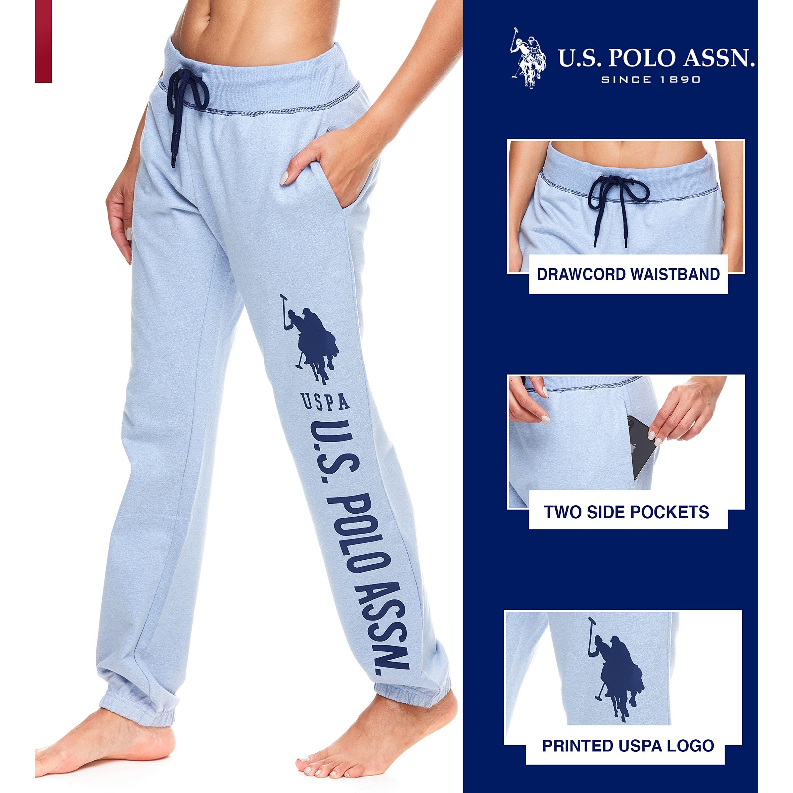 U.S. Polo Assn. Essentials Womens Lounge Pants With Pockets  French Terry Sweatpants For Women (Blue Yonder Heather  Large)