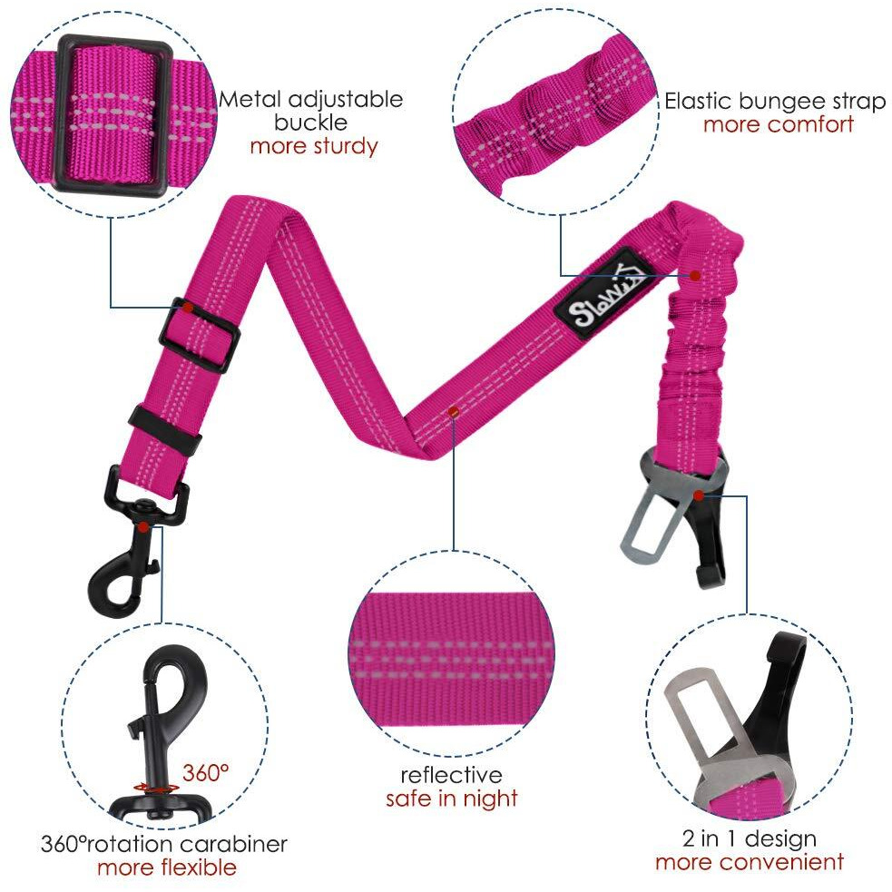 Slowton Dog Seat Belt  Adjustable Dog Safety Belt Leash  2 In 1 Latch Bar Attachment Dog Car Seatbelt With Elastic Nylon Bungee Buffer  Reflective Nylon Belt Tether (Fu)