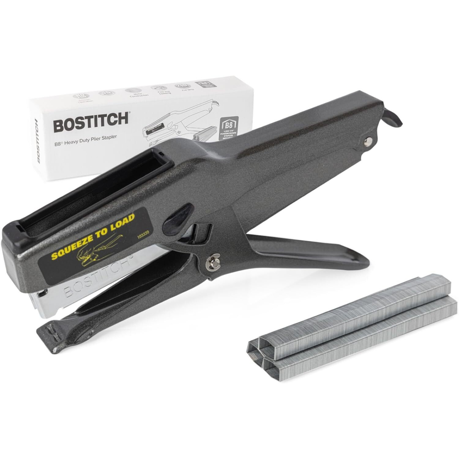Bostitch Office B8 Plier Stapler Heavy Duty With 1250 1/4"" Staples - 45-Sheet No Jam - Full Strip Metal Industrial Stapler - 210 Staple Capacity - For Cardboard  Paper  Fabric