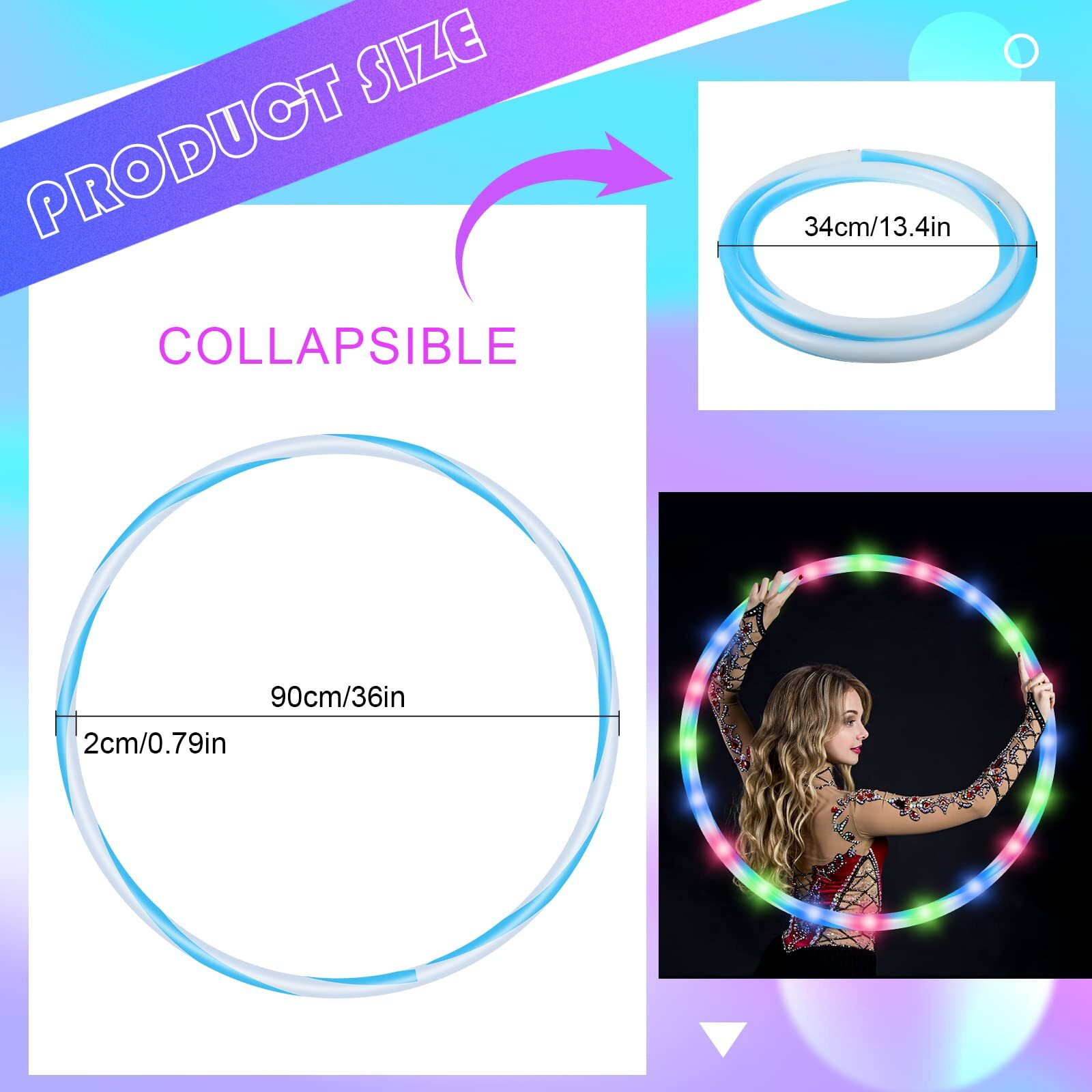 8 Pack 36 Inch Led Hoop Light Up Hoop For Kids Adults Children  Festival Accessories Led Glowing Lights Fitness Exercise Hoop Changing Exercise Glowing Hoop For Kids Dance Dark Fitness (Colorful)
