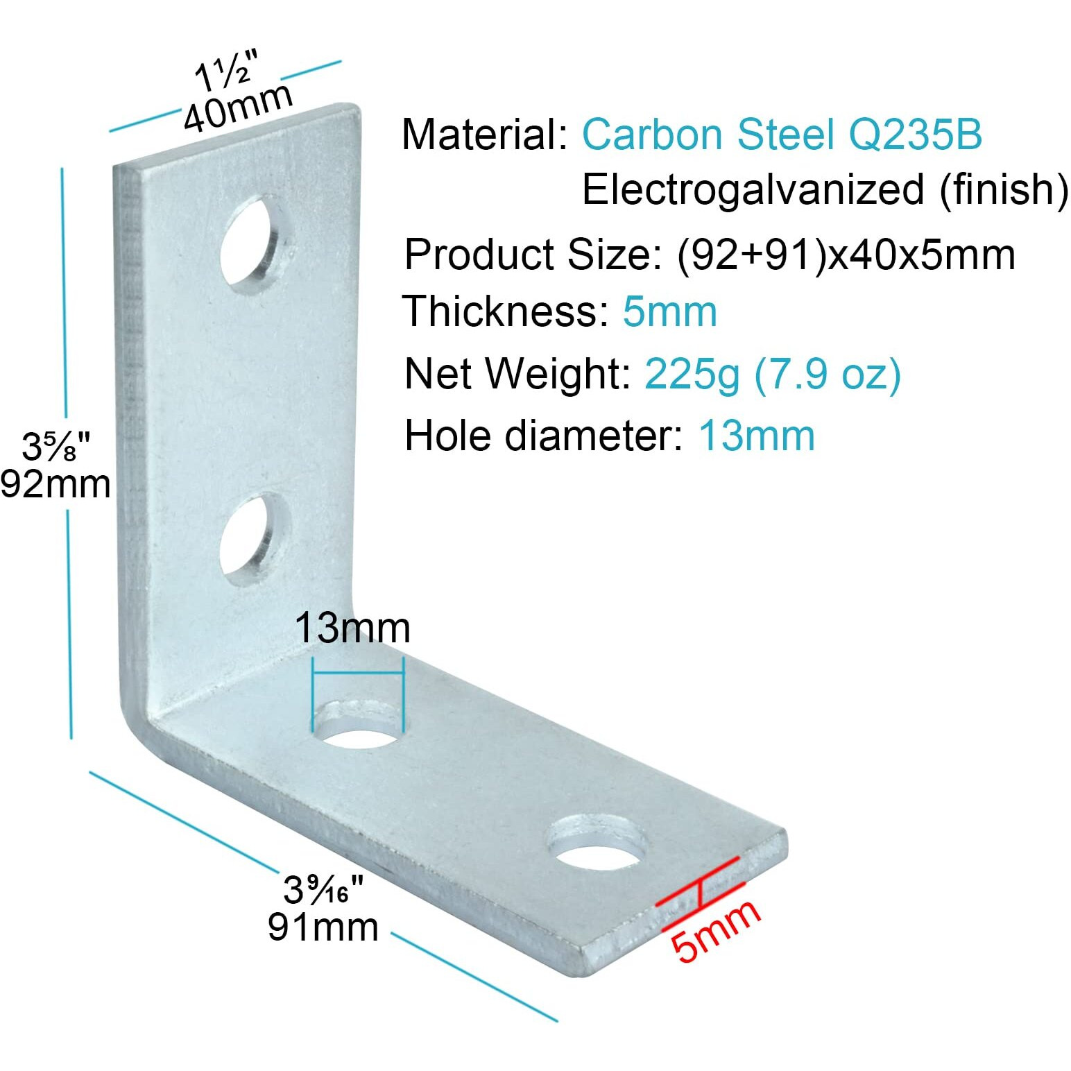 4 Hole L Shaped Connector Bracket  Length 3-5/8""  Width 1""  Hole Distance 1""  Thickness 5Mm  Fit For "" Bolt In 1-5/8"" Strut Channel  Steel Galvanized (6 Pcs)