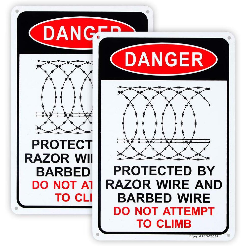 Enjoyist 2-Pack Danger - Protected By Razor Wire & Barbed Wire  Do Not Climb Sign 10"&quotX 7"" .04"" Aluminum Reflective Sign Rust Free Aluminum-Uv Protected And Weatherproof