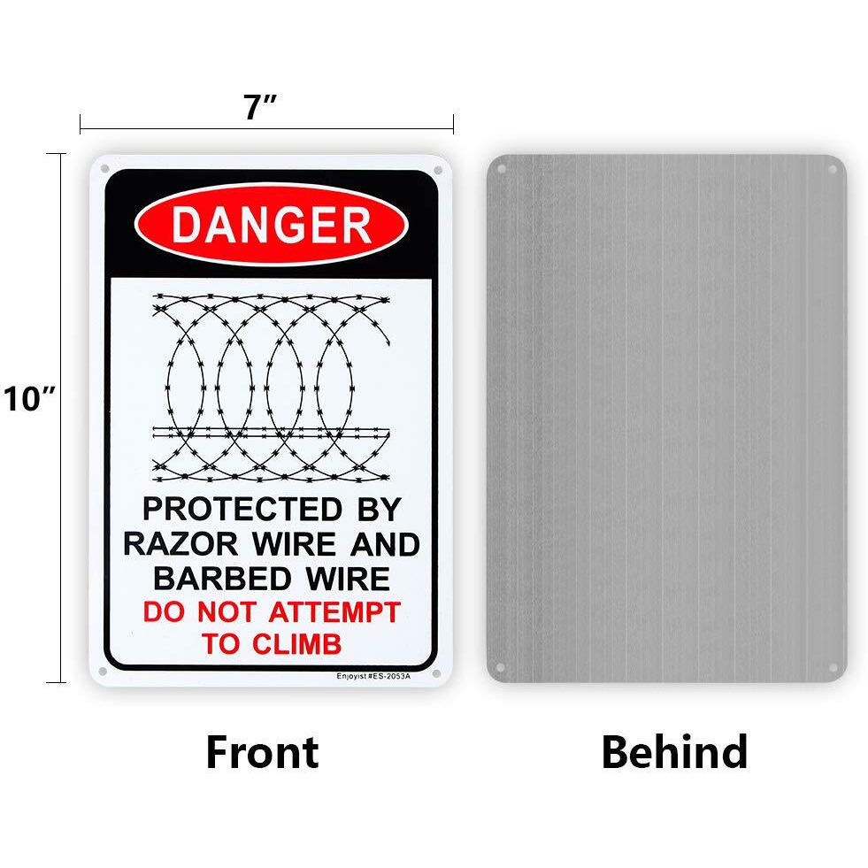 Enjoyist 2-Pack Danger - Protected By Razor Wire & Barbed Wire  Do Not Climb Sign 10"&quotX 7"" .04"" Aluminum Reflective Sign Rust Free Aluminum-Uv Protected And Weatherproof