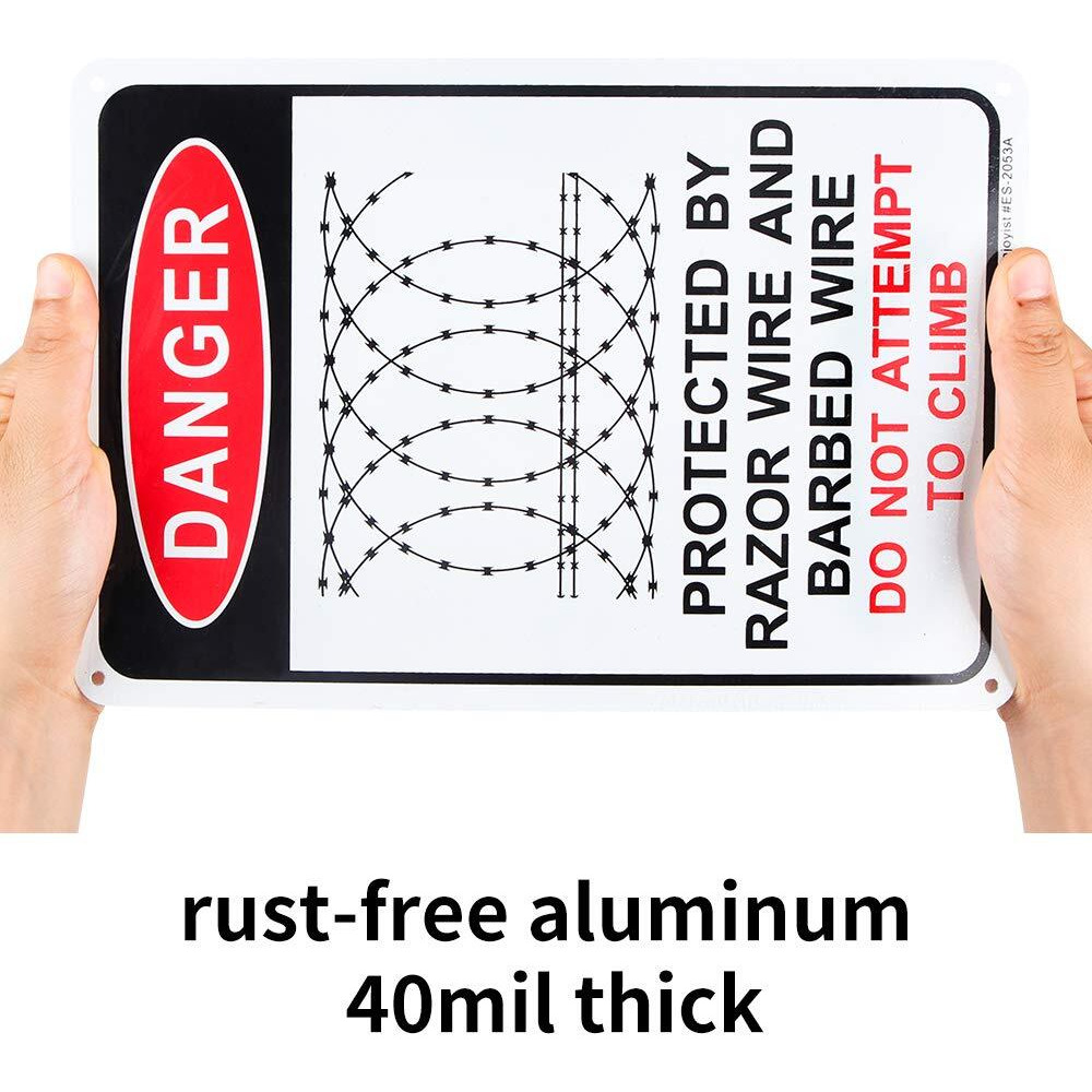 Enjoyist 2-Pack Danger - Protected By Razor Wire & Barbed Wire  Do Not Climb Sign 10"&quotX 7"" .04"" Aluminum Reflective Sign Rust Free Aluminum-Uv Protected And Weatherproof