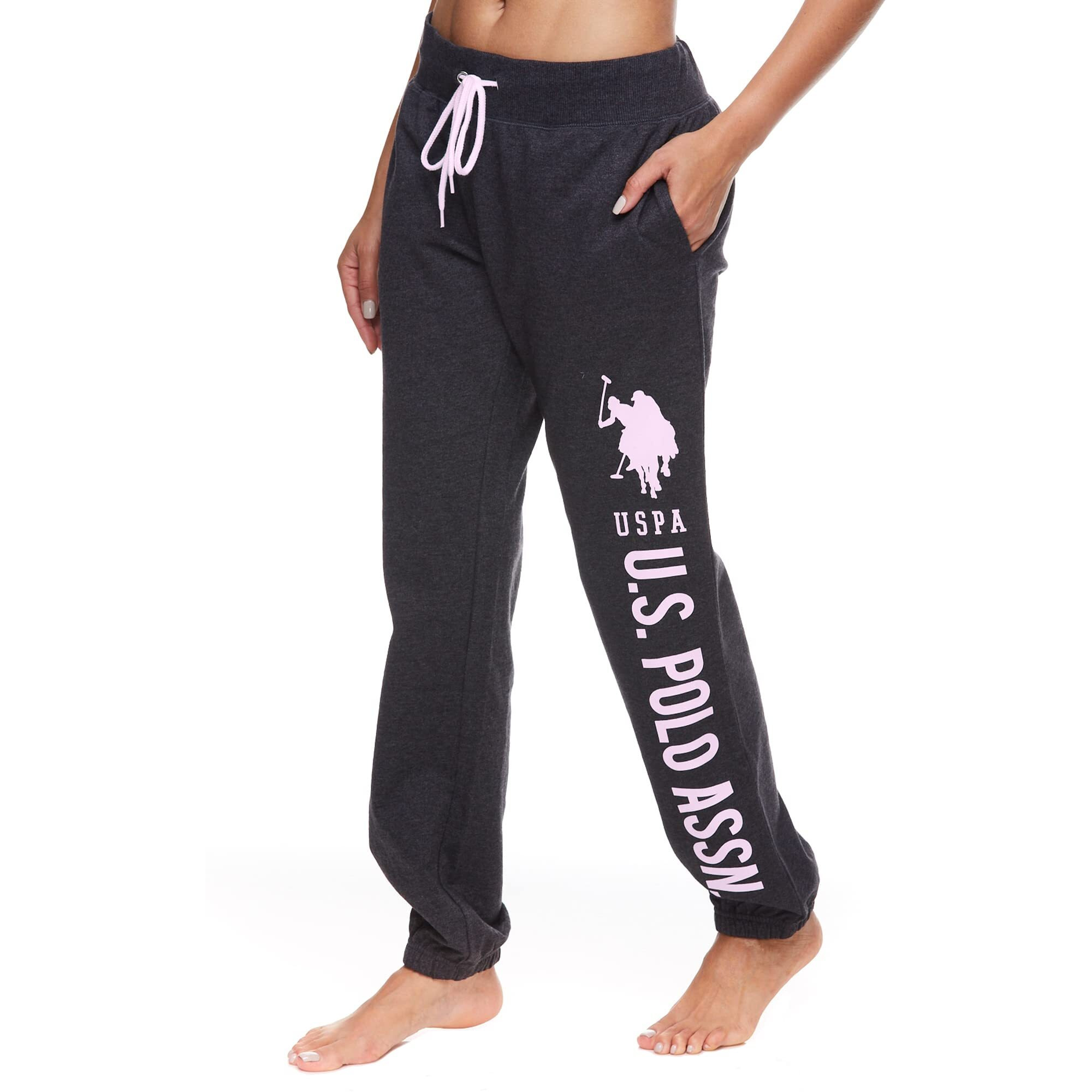 U.S. Polo Assn. Essentials Womens Lounge Pants With Pockets  French Terry Sweatpants For Women (Dark Charcoal Heather/Light Pink Print  Large)
