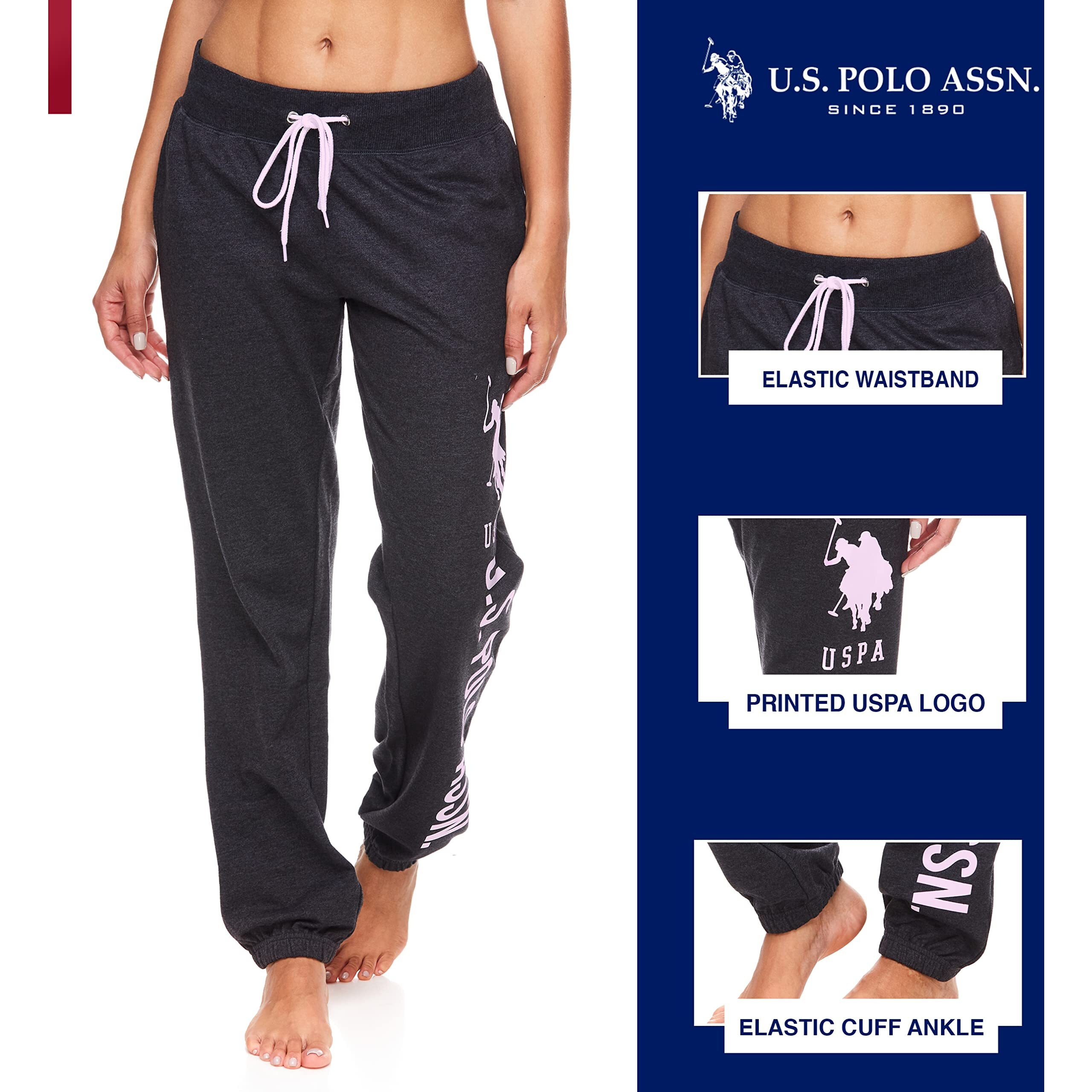 U.S. Polo Assn. Essentials Womens Lounge Pants With Pockets  French Terry Sweatpants For Women (Dark Charcoal Heather/Light Pink Print  Large)