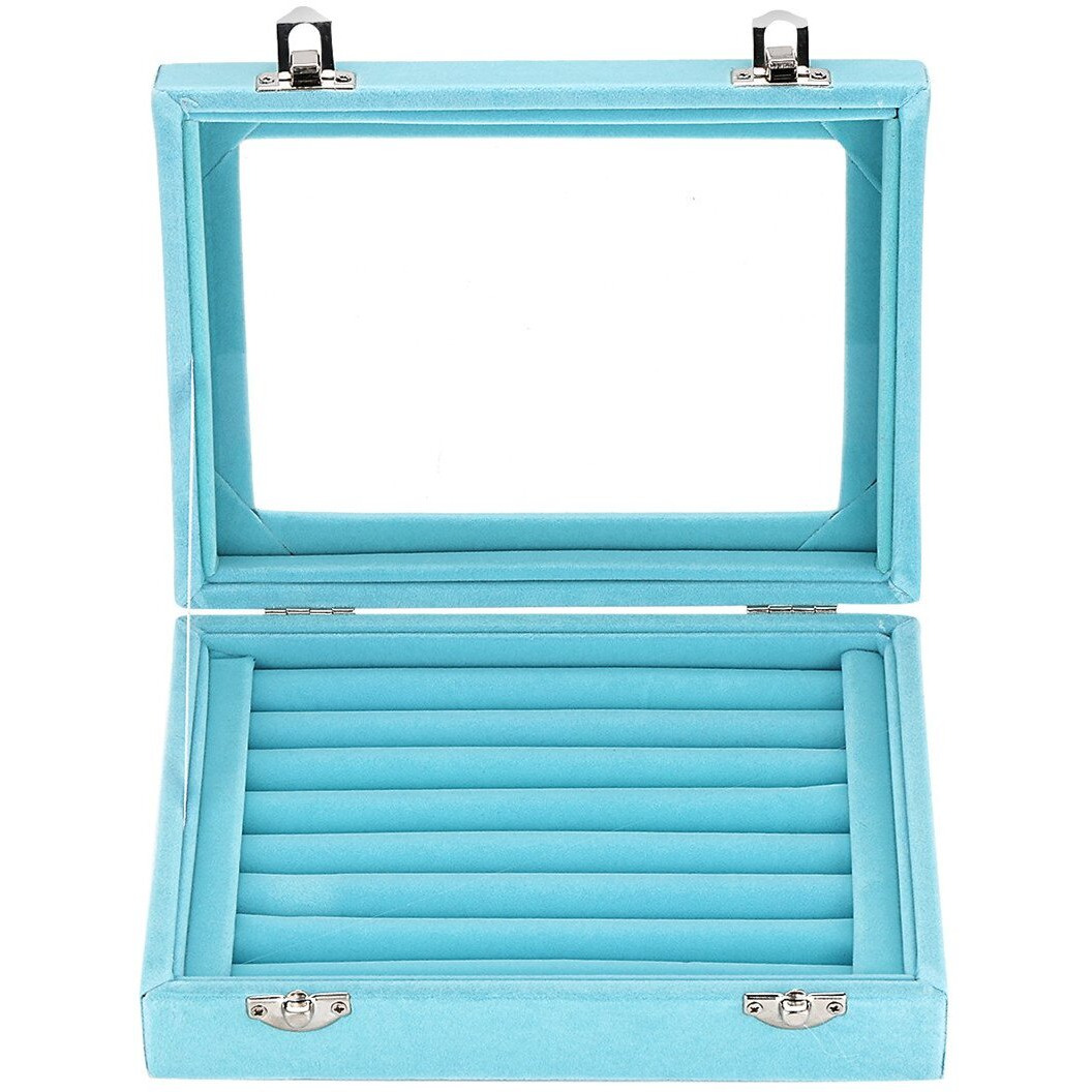 Lantwoo Velvet Glass Jewelry Display Storage Box Ring Earrings Jewelry Box Ring Holder Case  2 Clasps