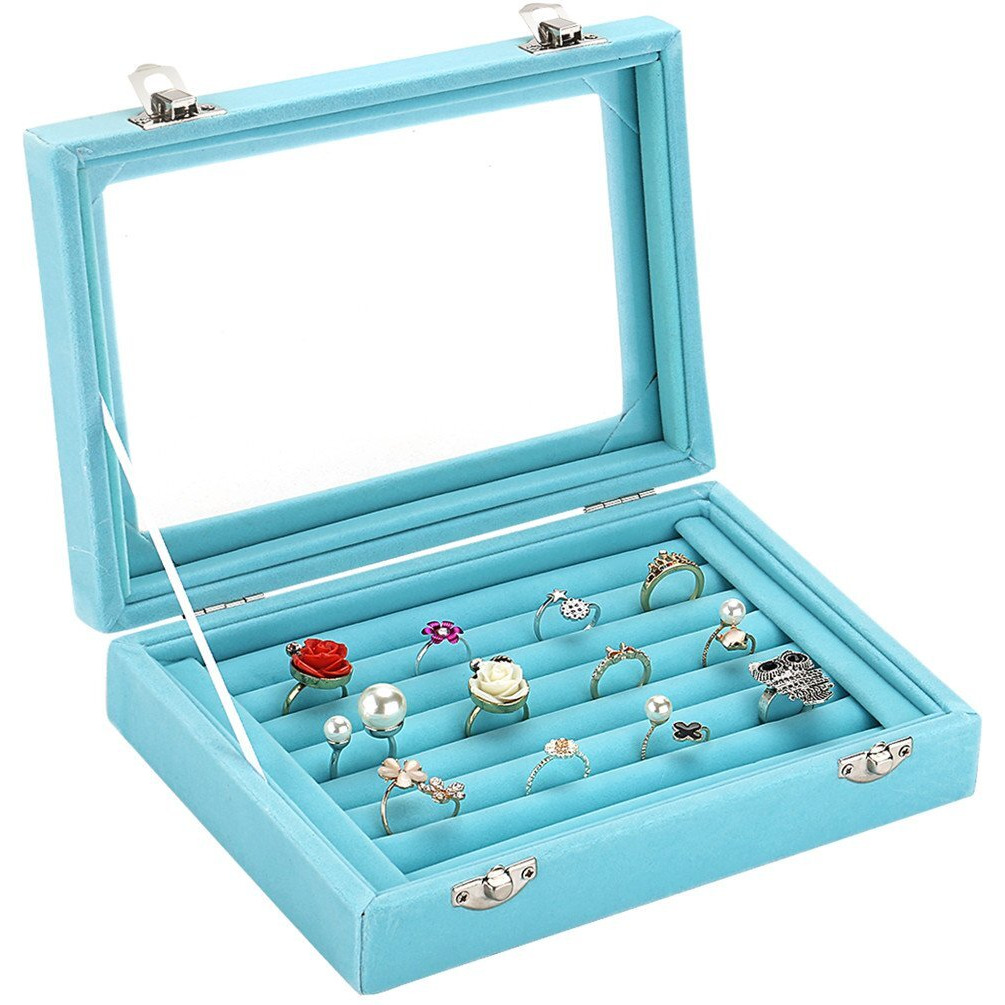 Lantwoo Velvet Glass Jewelry Display Storage Box Ring Earrings Jewelry Box Ring Holder Case  2 Clasps