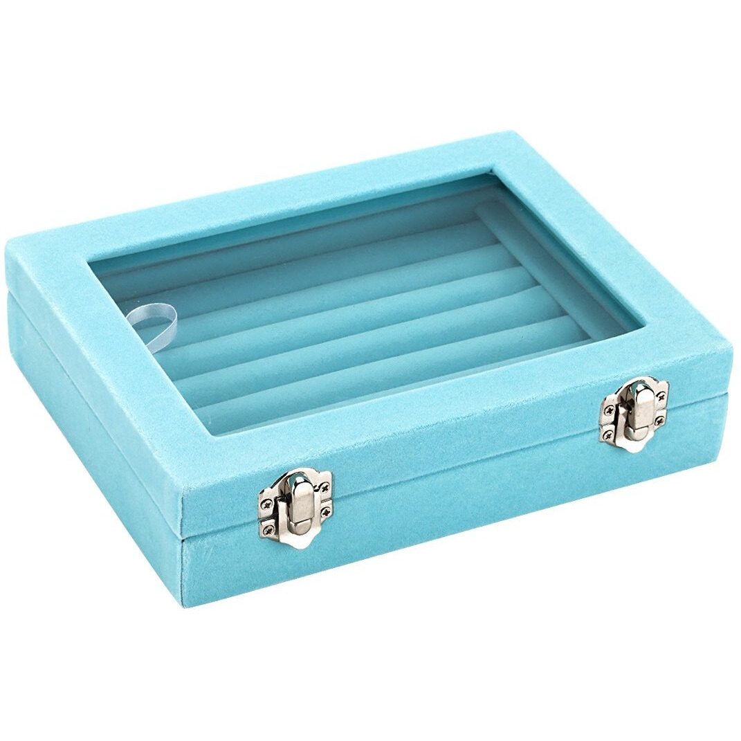 Lantwoo Velvet Glass Jewelry Display Storage Box Ring Earrings Jewelry Box Ring Holder Case  2 Clasps