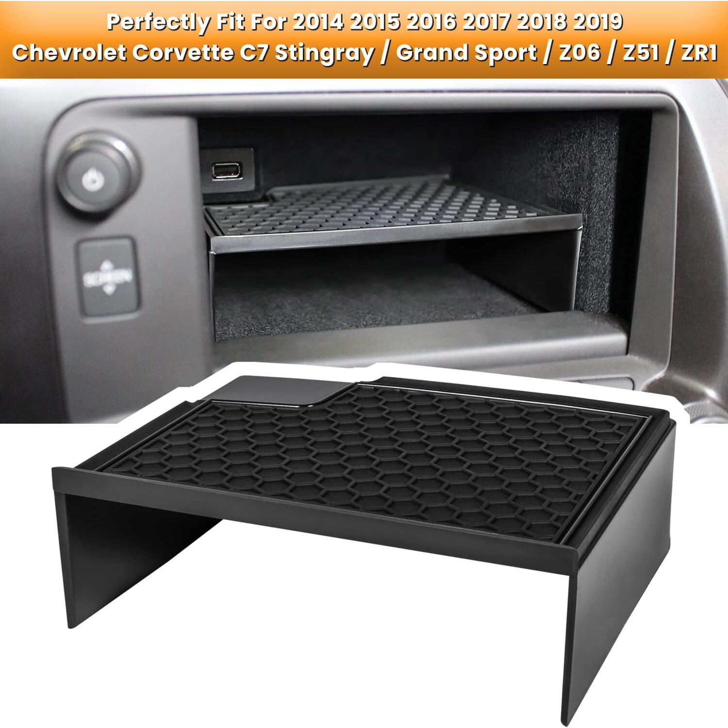 E-Cowlboy Dashboard Display Storage Bin Tray Holder For Chevrolet Corvette C7 Z06 Z51 Zr1 Stingray Grand Sport 2014 2015 2016 2017 2018 2019 Interior Accessories Dash Organizer Shelf Container Black
