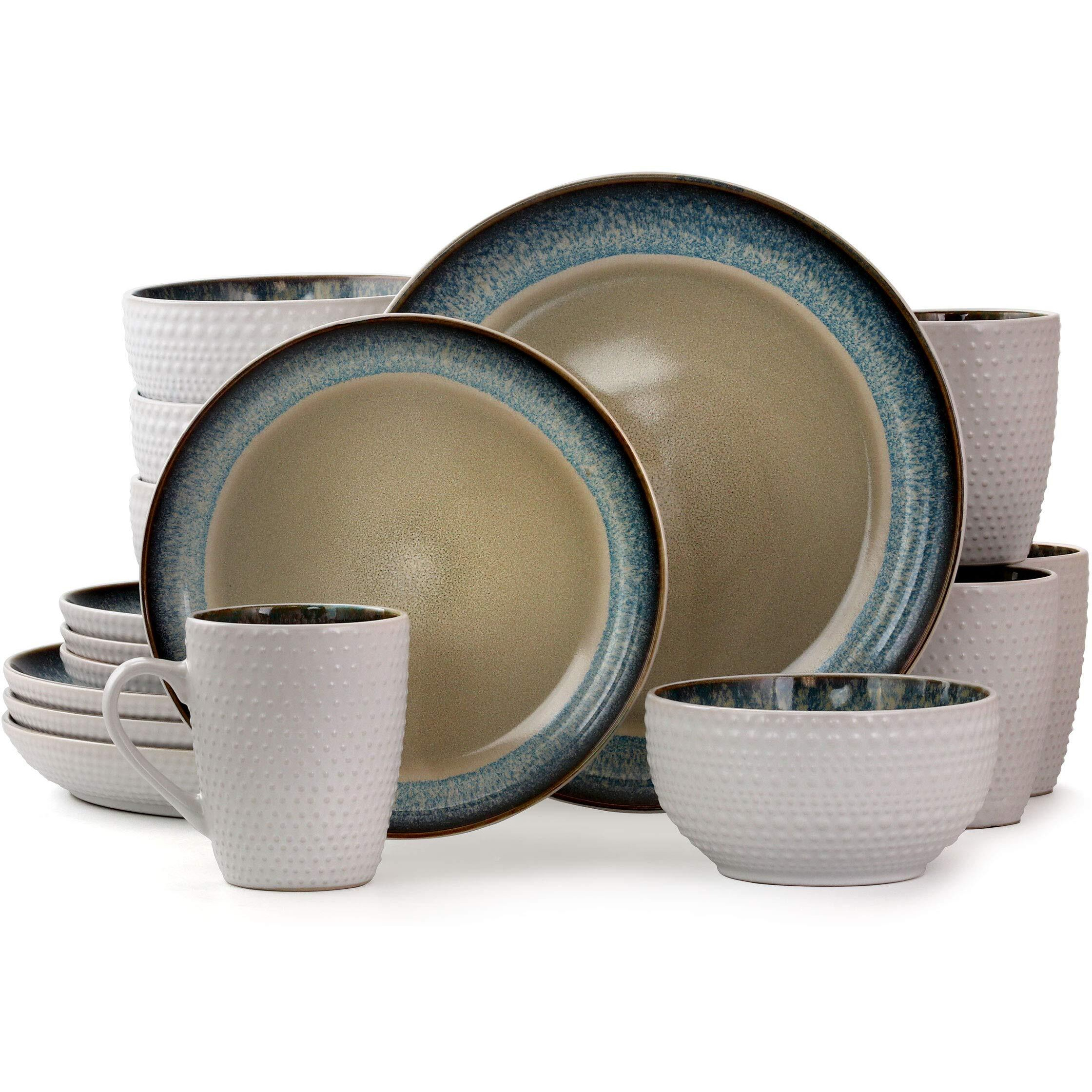 Elama Round Stoneware Contemporary Dinnerware Dish Set  16 Piece  Warm Taupe With Blue Trim
