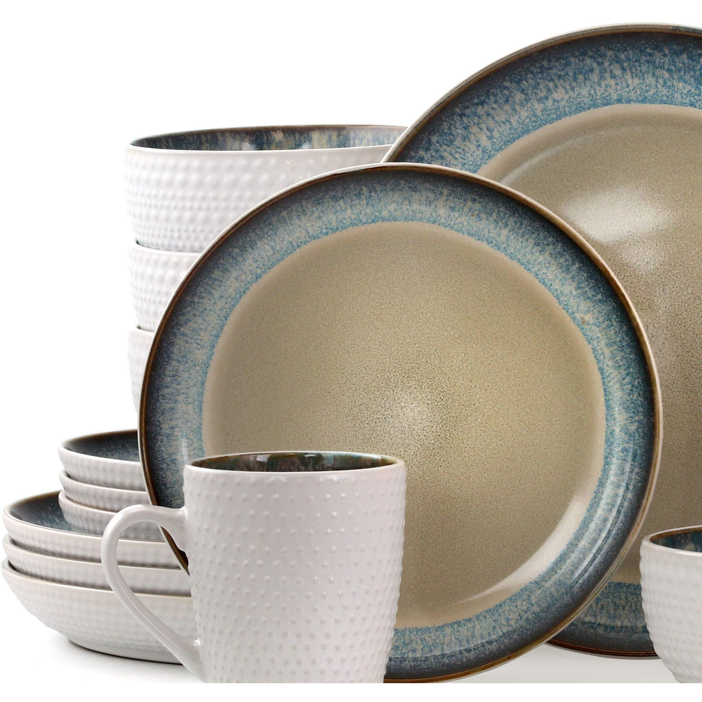 Elama Round Stoneware Contemporary Dinnerware Dish Set  16 Piece  Warm Taupe With Blue Trim