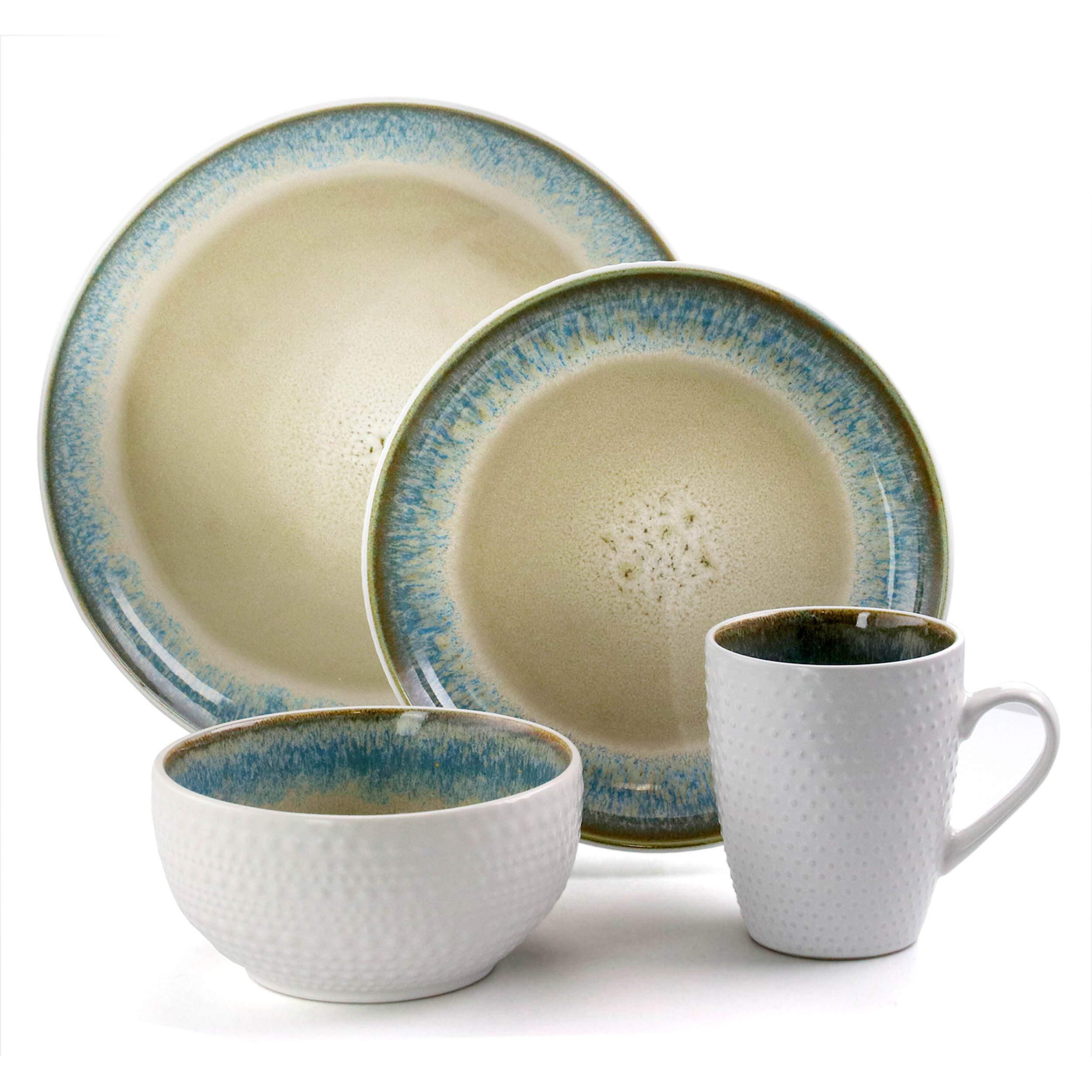 Elama Round Stoneware Contemporary Dinnerware Dish Set  16 Piece  Warm Taupe With Blue Trim