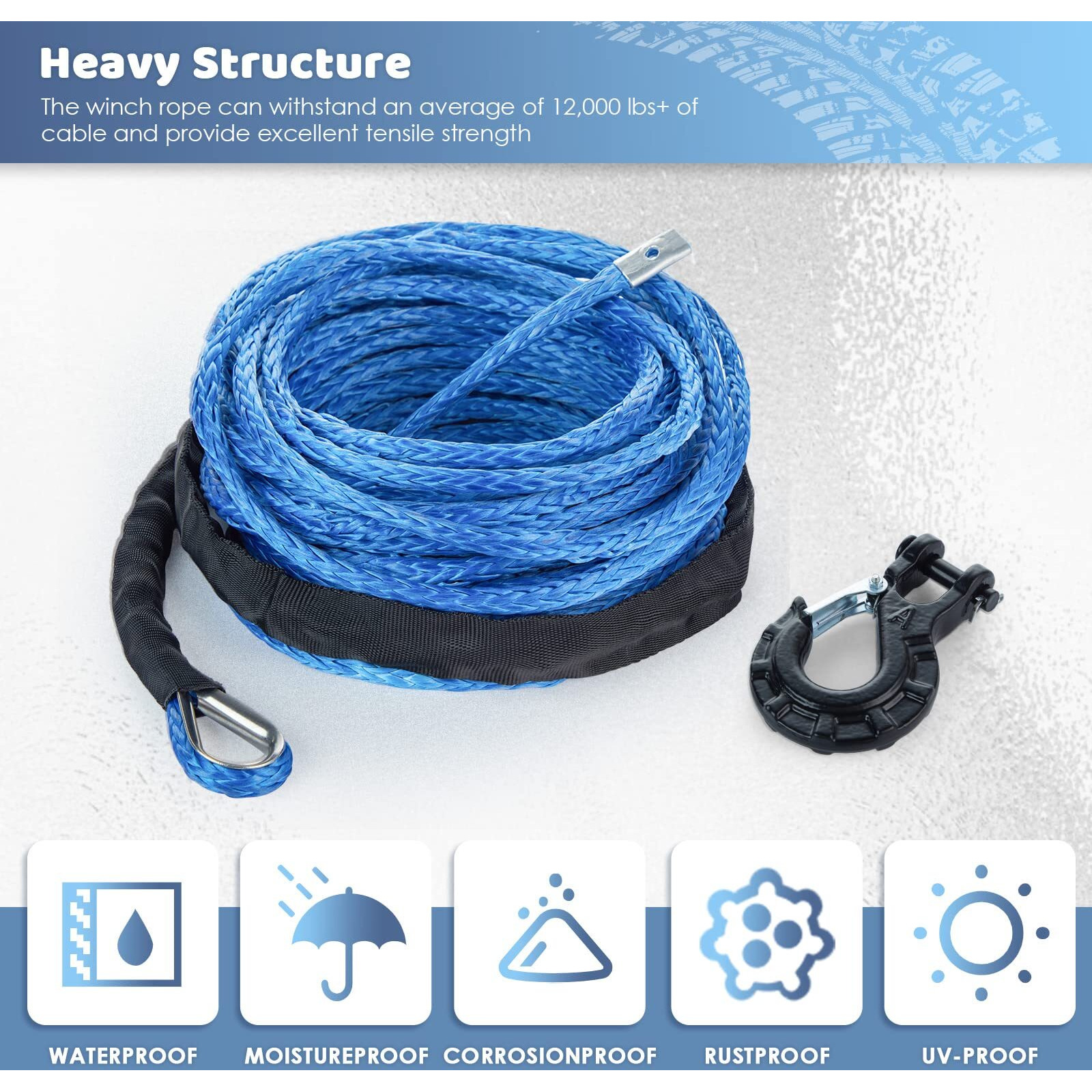 Carforu Synthetic Winch Rope 5/16'' X 50Ft 13000Lbs Synthetic Winch Line Cable Rope With Protective Sleeve + Forged Winch Hook For Off Road Vehicle Atv Utv Suv Truck Boat Winch Accessory