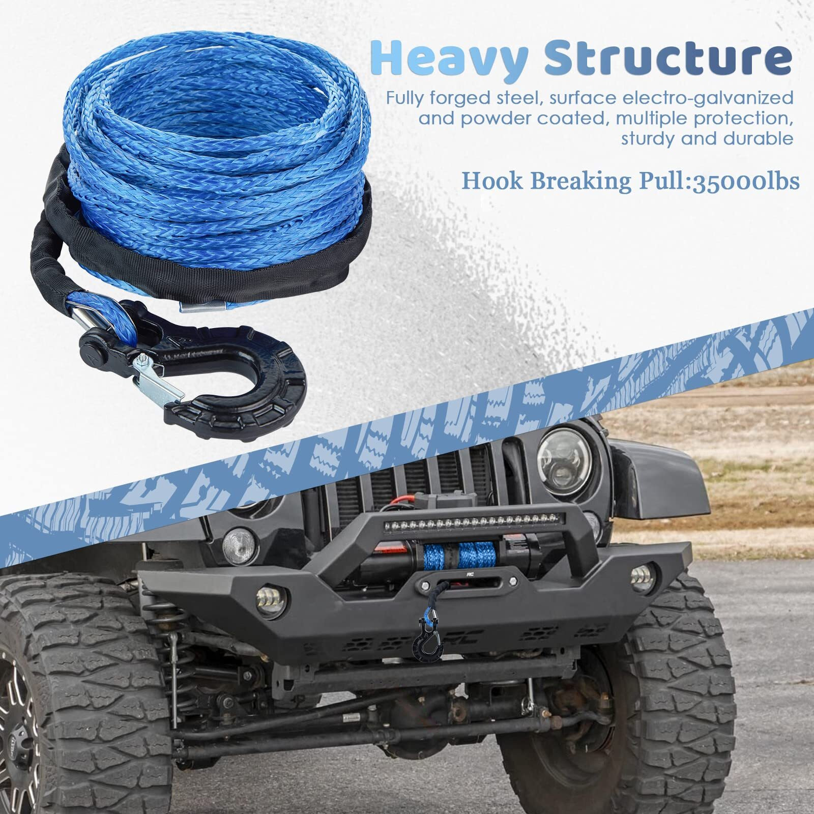 Carforu Synthetic Winch Rope 5/16'' X 50Ft 13000Lbs Synthetic Winch Line Cable Rope With Protective Sleeve + Forged Winch Hook For Off Road Vehicle Atv Utv Suv Truck Boat Winch Accessory