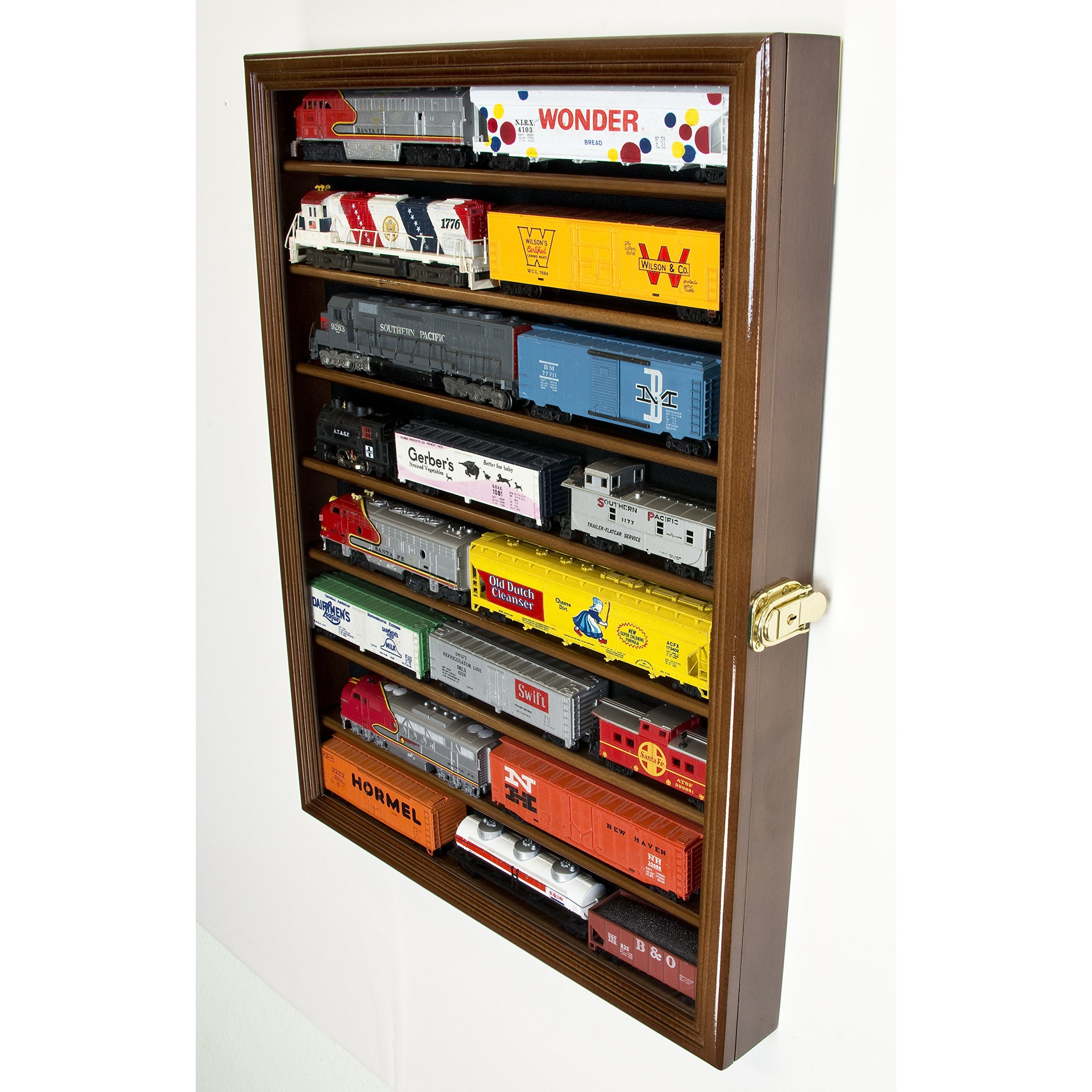 Sfdisplay.Com Llc. Small Ho Scale Train Model Trains Locomotive Engine Display Case Cabinet Wall Rack W/ 98% Uv Lockable (Walnut Wood Finish)