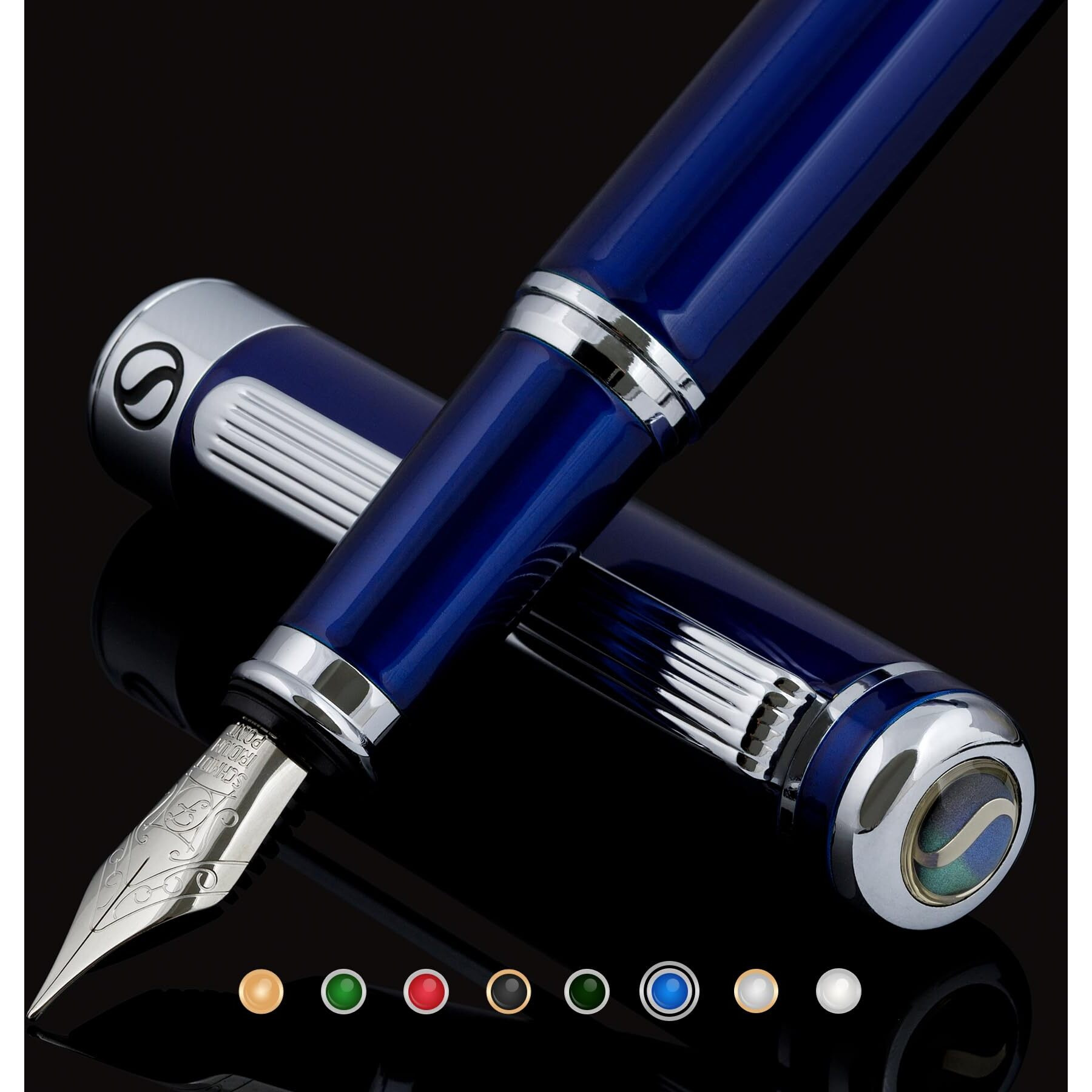 Scriveiner Midnight Blue Fountain Pen - Stunning Luxury Pen With Chrome Appointments  Schmidt Nib (Fine)  Best Pen Gift Set For Men & Women  Professional  Executive  Office  Nice Pens