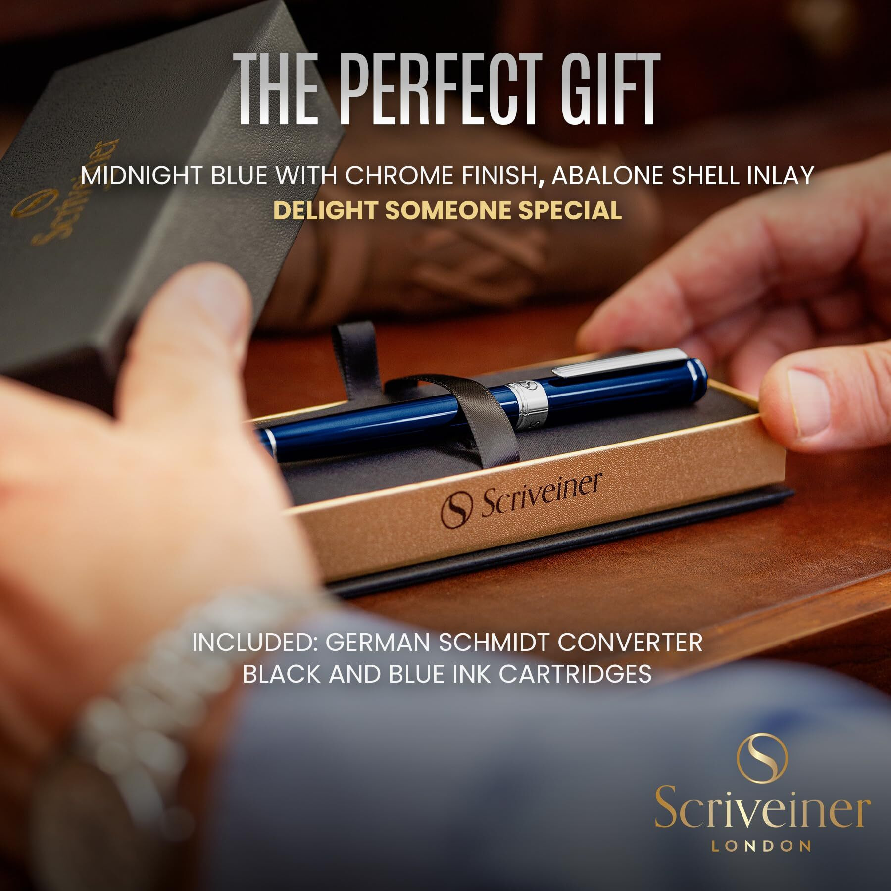 Scriveiner Midnight Blue Fountain Pen - Stunning Luxury Pen With Chrome Appointments  Schmidt Nib (Fine)  Best Pen Gift Set For Men & Women  Professional  Executive  Office  Nice Pens