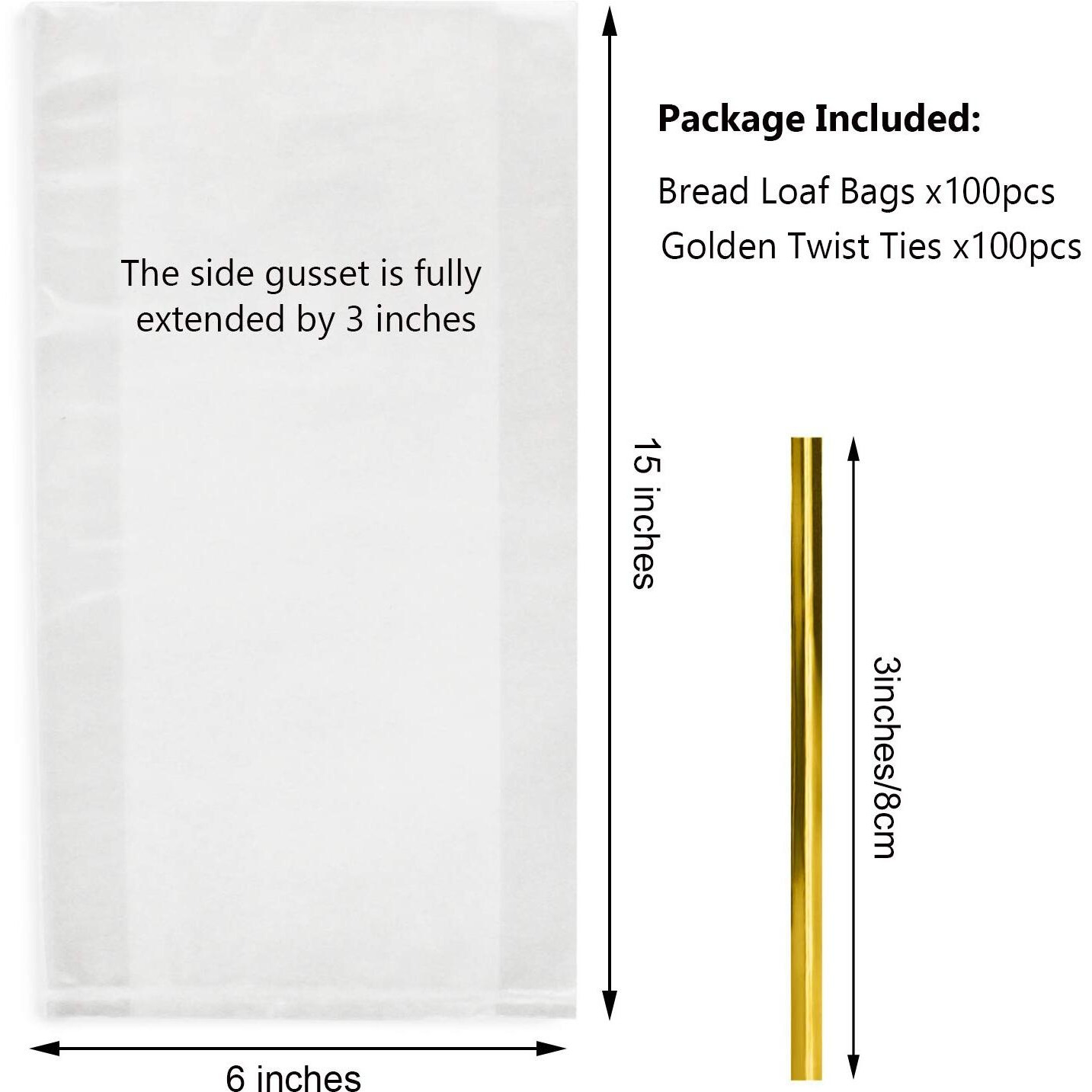 Bread Poly Bags 100 Pack 15X3X6 Inches Bread Loaf Packing Bags With 100 Free Twist Ties Clear Thick Gusseted Grocery Bakery Bags (Medium-6X3X15)