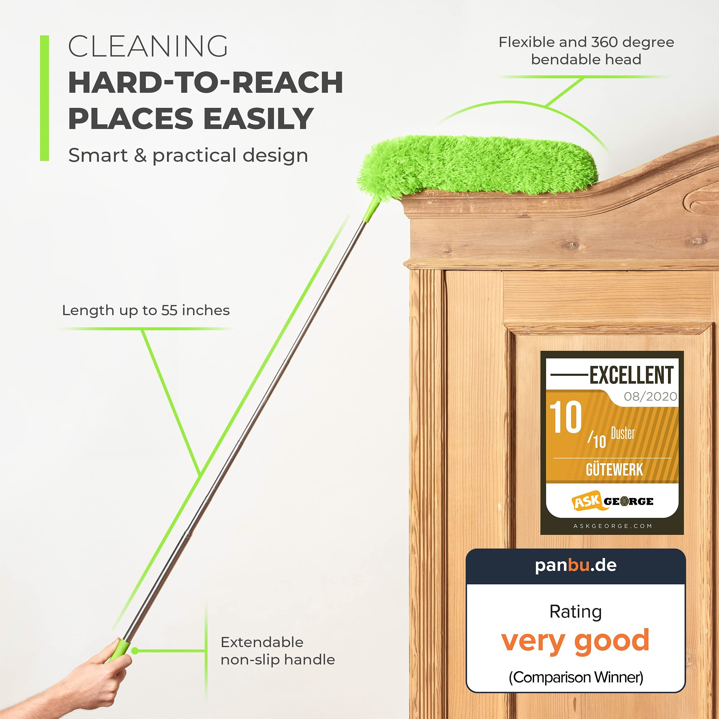 Extendable Feather Duster  Microfiber Duster  Ceiling Fan Duster  Feather Dusters For Cleaning  Dust Cleaner  Cobweb Duster - Electrostatic Bendable Head - Set Of 2 Replacement Heads