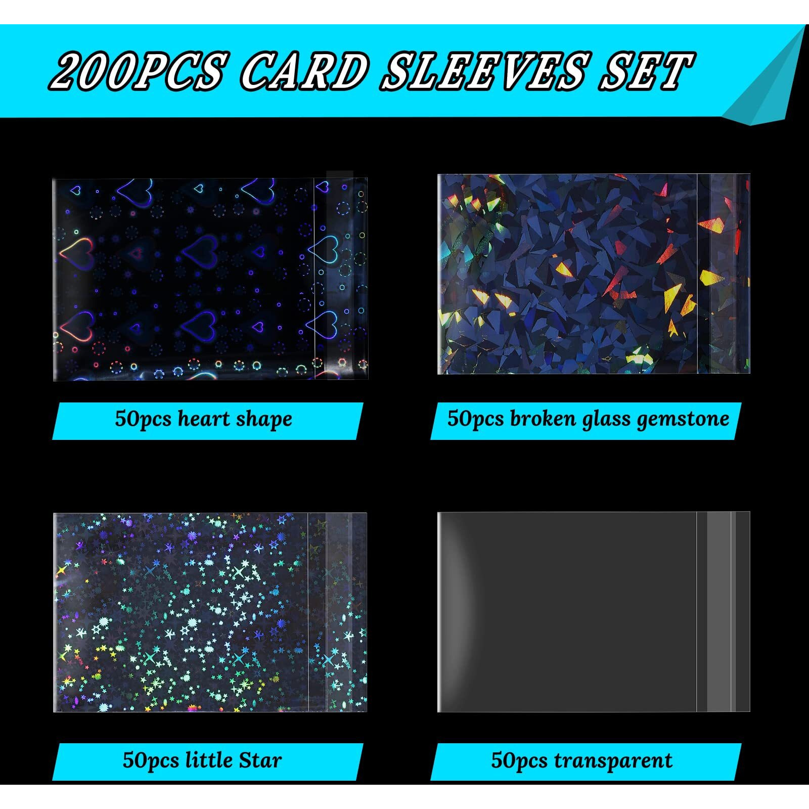 200 Pcs Laser Flashing Card Sleeves Photo Card Sleeves Kpop Holographic Photocard Sleeves Little Star Heart Glass Gemstone Transparent Trading Cards Sleeves 2.6 X 3.5 Inches