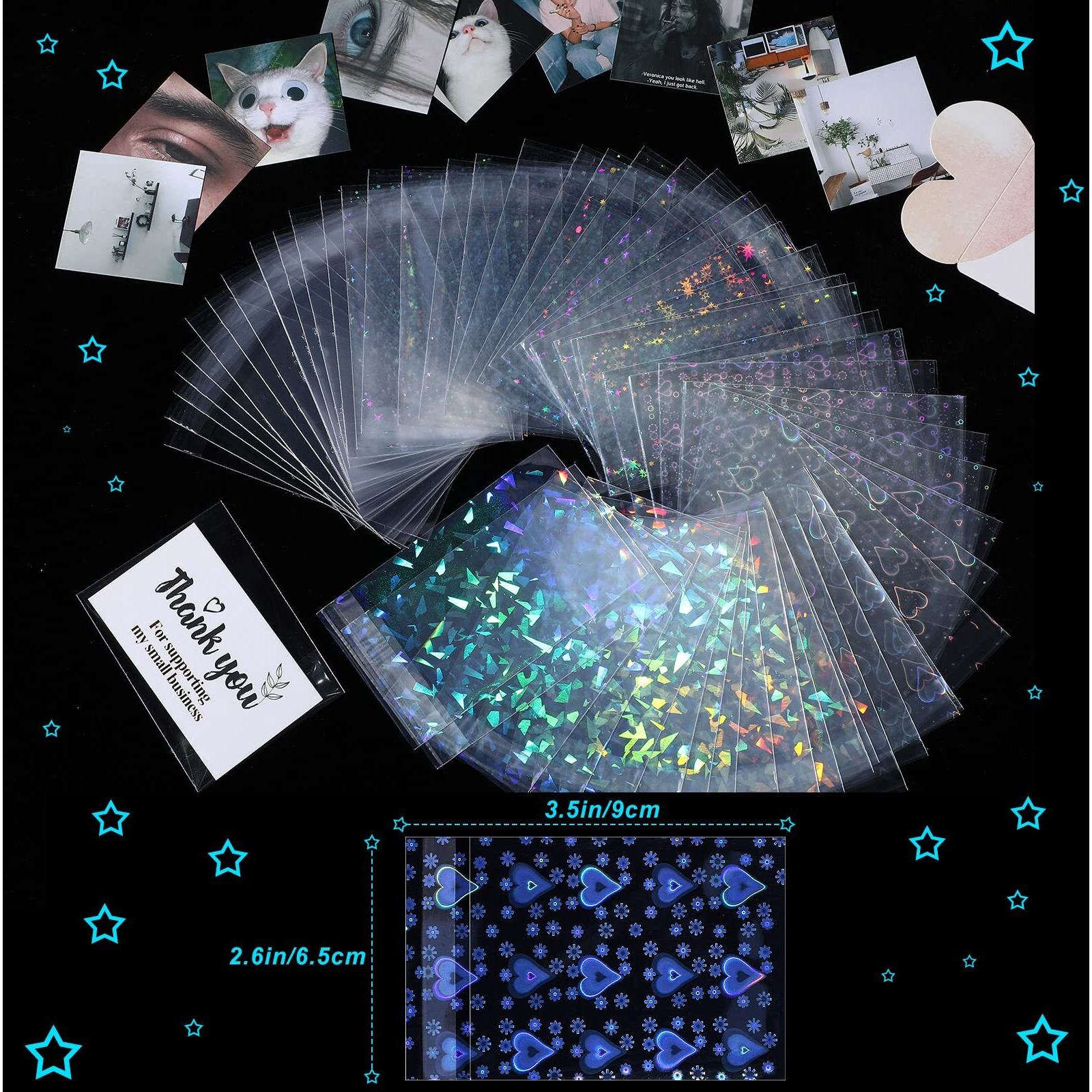 200 Pcs Laser Flashing Card Sleeves Photo Card Sleeves Kpop Holographic Photocard Sleeves Little Star Heart Glass Gemstone Transparent Trading Cards Sleeves 2.6 X 3.5 Inches