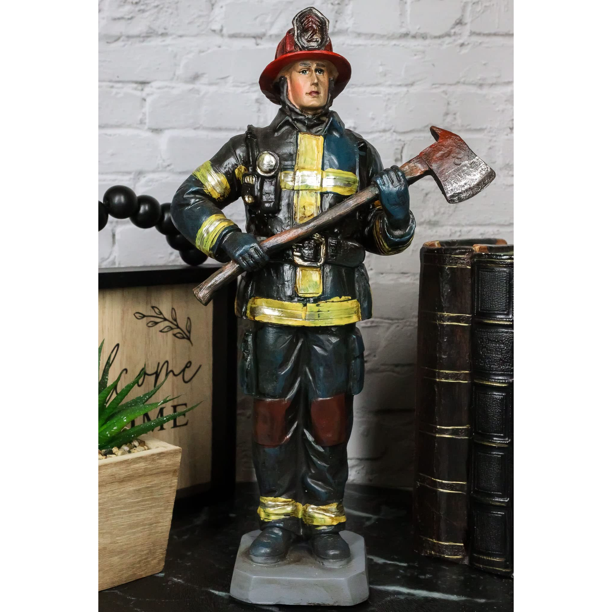 Ebros Gift Fireman In Full Suit Bunker Gear And Air Tank Holding An Axe Figurine 11"" Tall Civil Service Hero Freedom Fire Fighter Decorative Sculpture 911 Emergency Fire Man Brigade