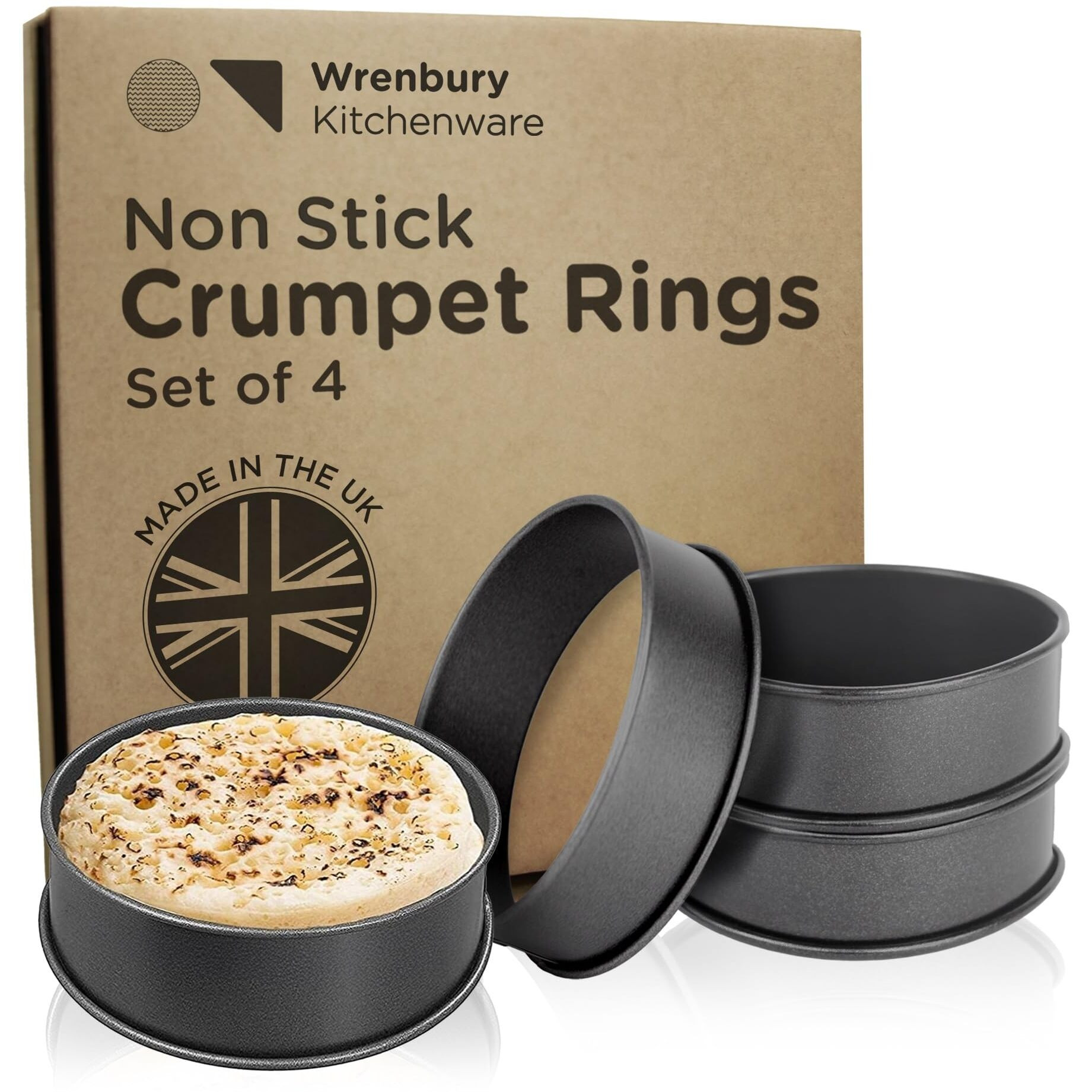 Wrenbury Crumpet Rings Nonstick 3.5"" - English Muffin Rings - Set Of 4 Round Crumpet Molds - Metal Baking Cooking Rings - No Leak Sturdy Egg Ring Set - Made In The Uk