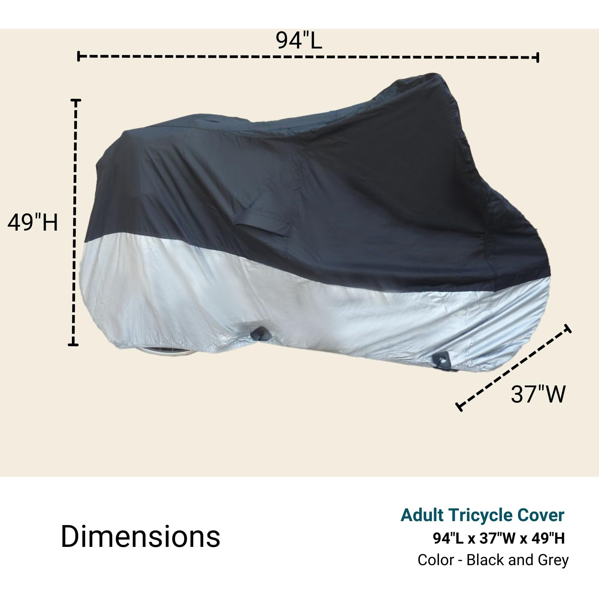 Formosa Covers | Lightweight Adult Tricycle Cover Fits Schwinn  Westport  Aboron  Vevor  And Meridian - Protect 3-Wheel Bike From Rain  Dust  Debris  And Sun | Black/Silver Fabric 94"&quotL X 37"&quotW X 49"&quotH