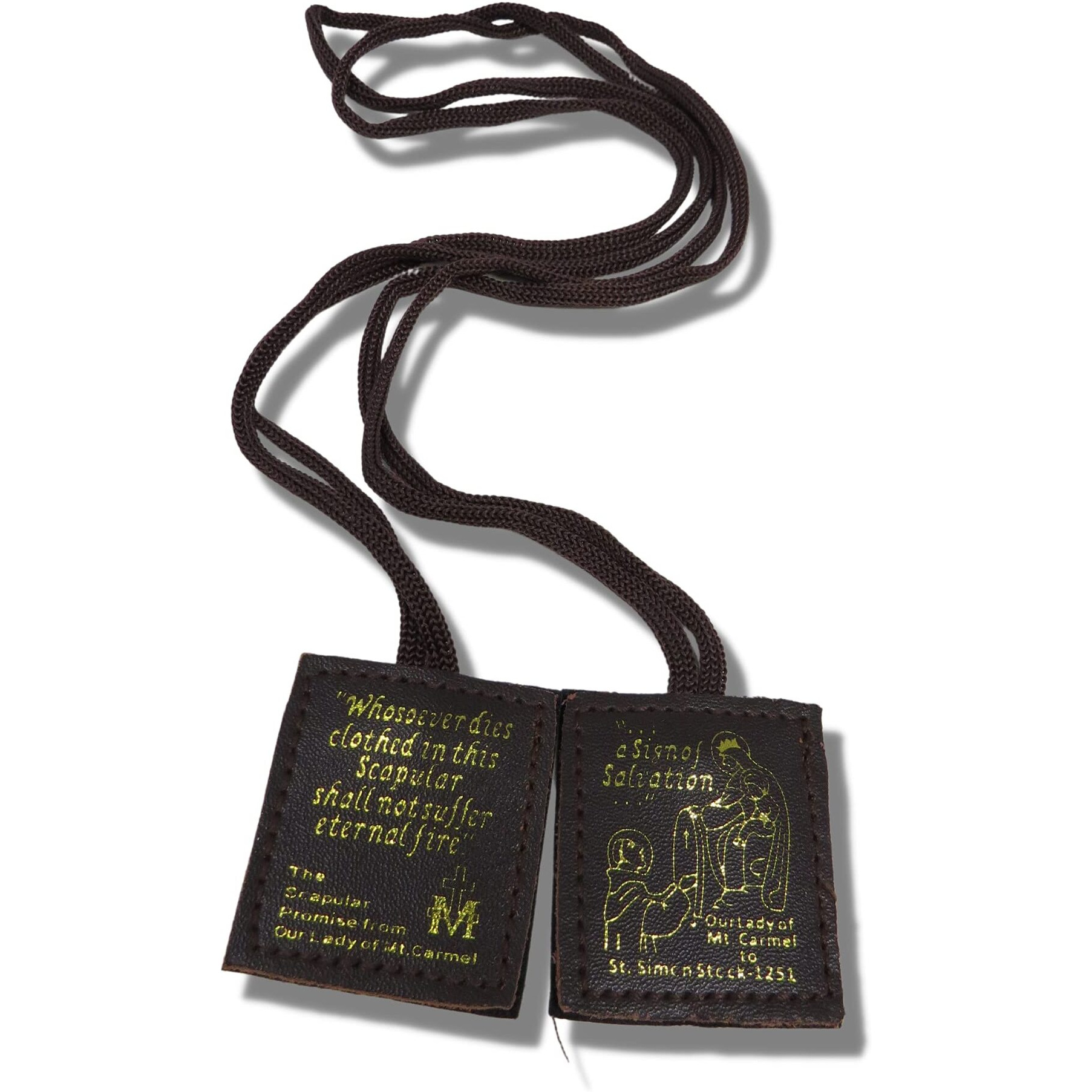 Brown Stamped Leather Scapulars Catholic Necklace For Men And Women  Scapular With Our Lady Of Mt Carmel On The Front And Her Promise Of Salvation  21 Inches