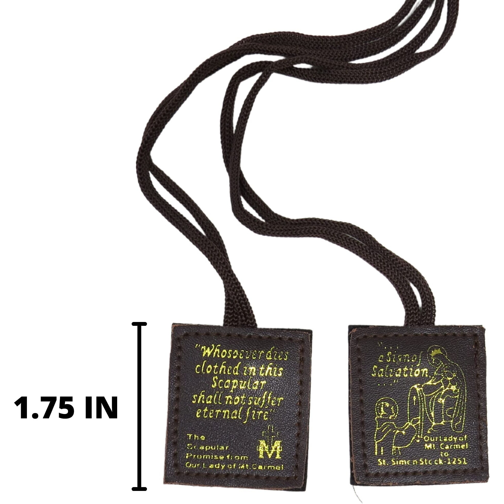 Brown Stamped Leather Scapulars Catholic Necklace For Men And Women  Scapular With Our Lady Of Mt Carmel On The Front And Her Promise Of Salvation  21 Inches