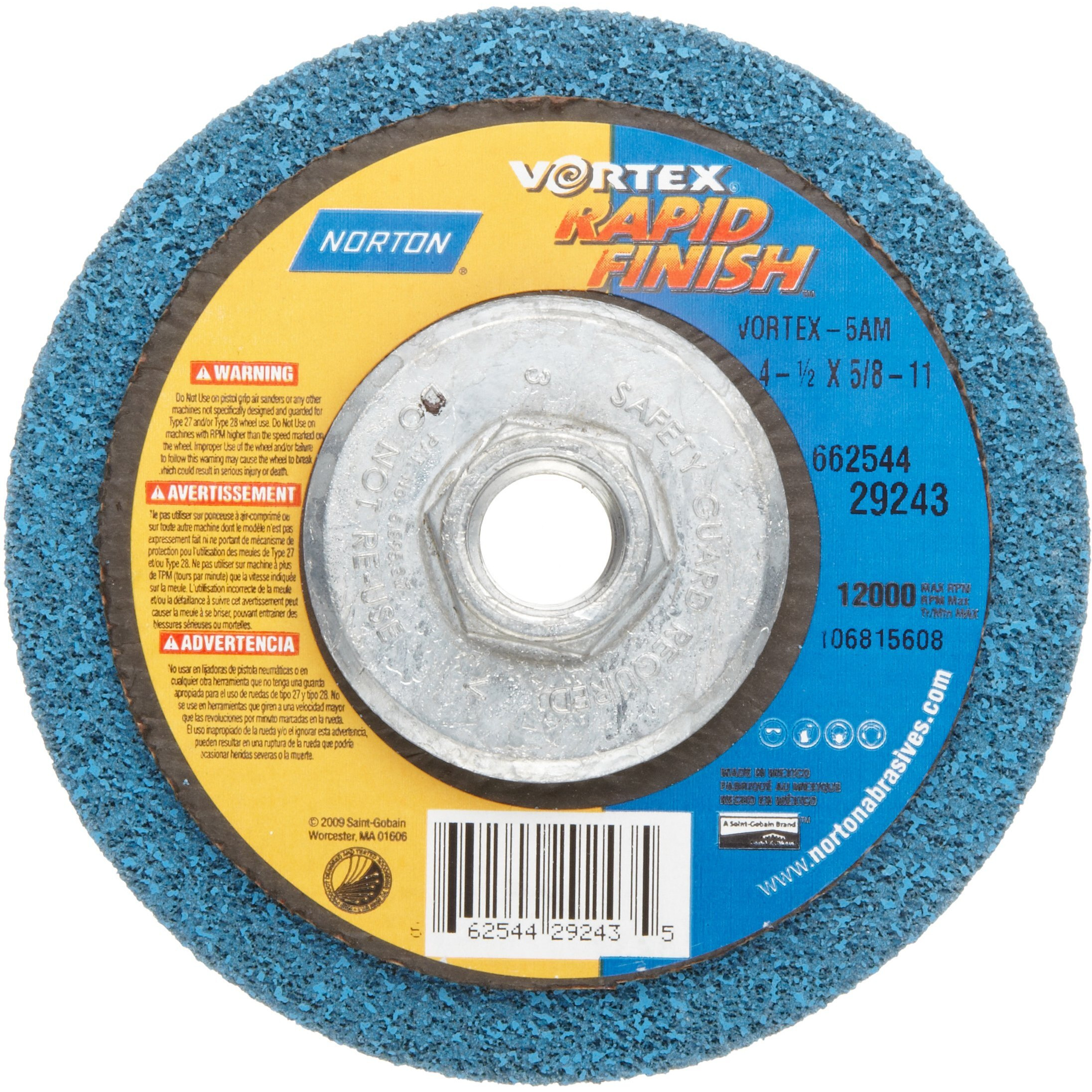 Norton Bear-Tex Depressed Center Vortex Rapid Finish Unified Nonwoven Abrasive Wheel  Type 27  4-1/2"" Diameter  5/8""-11 Arbor  Grit 5Am (Pack Of 1)