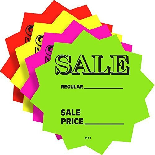 100 3"" Sale Price Signs Fluorescent Neon Die Cut Solar Star Burst Retail Cards 25 Each Color  1 Pack