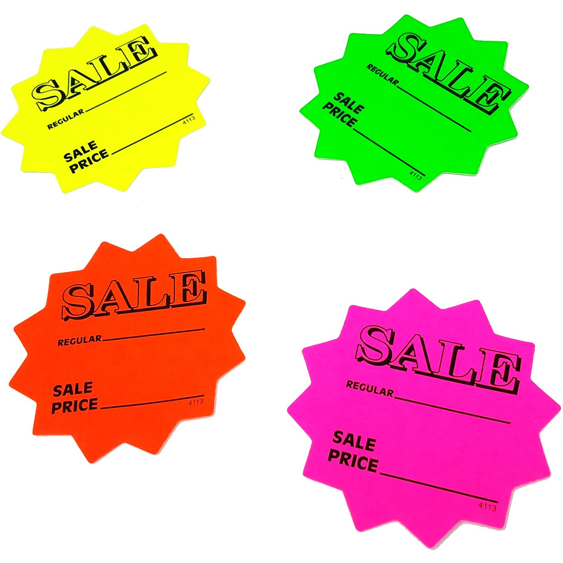 100 3"" Sale Price Signs Fluorescent Neon Die Cut Solar Star Burst Retail Cards 25 Each Color  1 Pack
