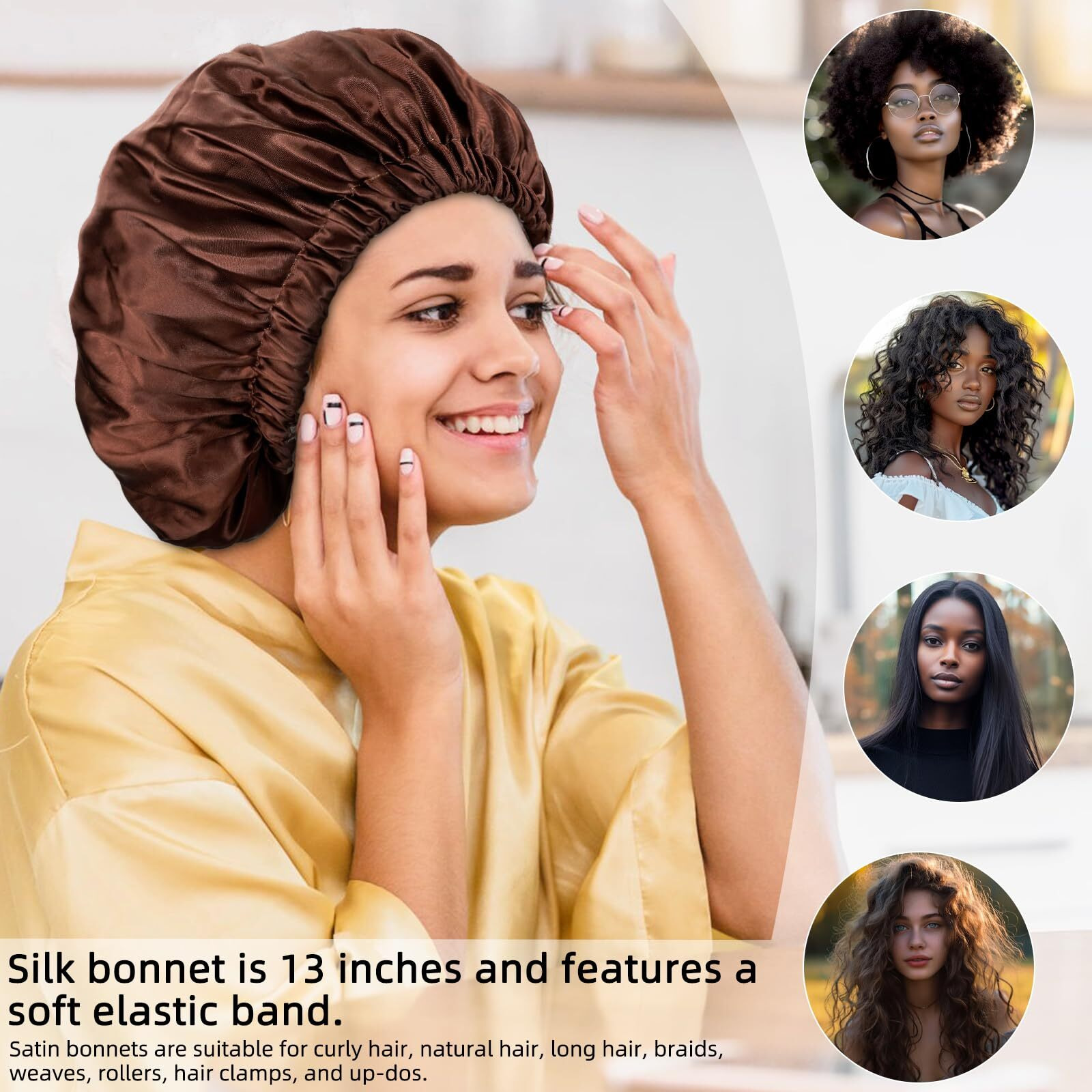 Satin Bonnet Silk Bonnet Hair Bonnet For Sleeping-Slouchy Beanie Hat Satin Sleep Cap For Women's Natural & Curly Hair(Brown)