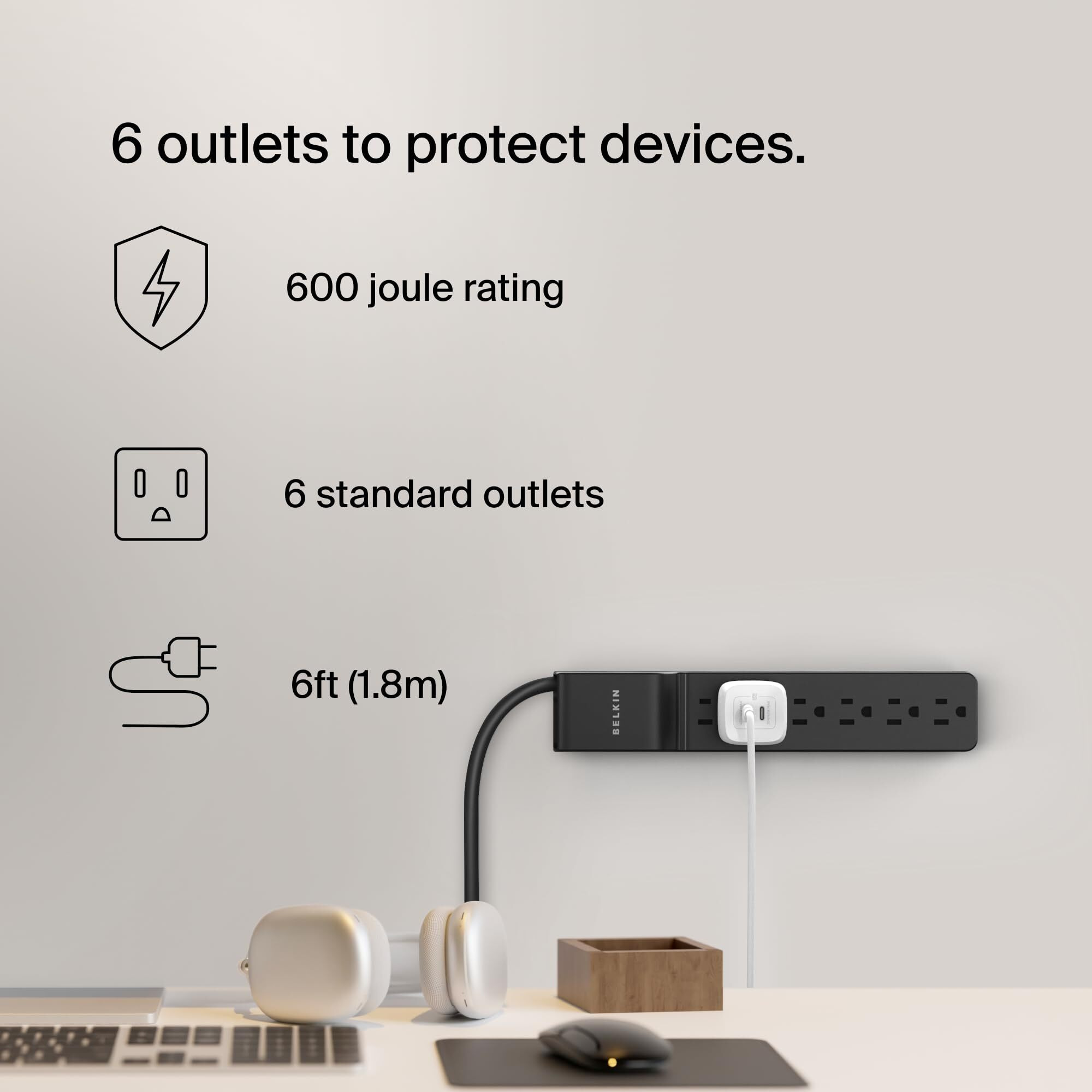 Belkin Surge Protector Power Strip With 6 Ac Outlets  6Ft/1.8M Long Heavy-Duty Extension Cord  & 360-Degree Rotating Ac Plug For Conference Rooms  Computer Desktops  & More - 600 Joules Of Protection