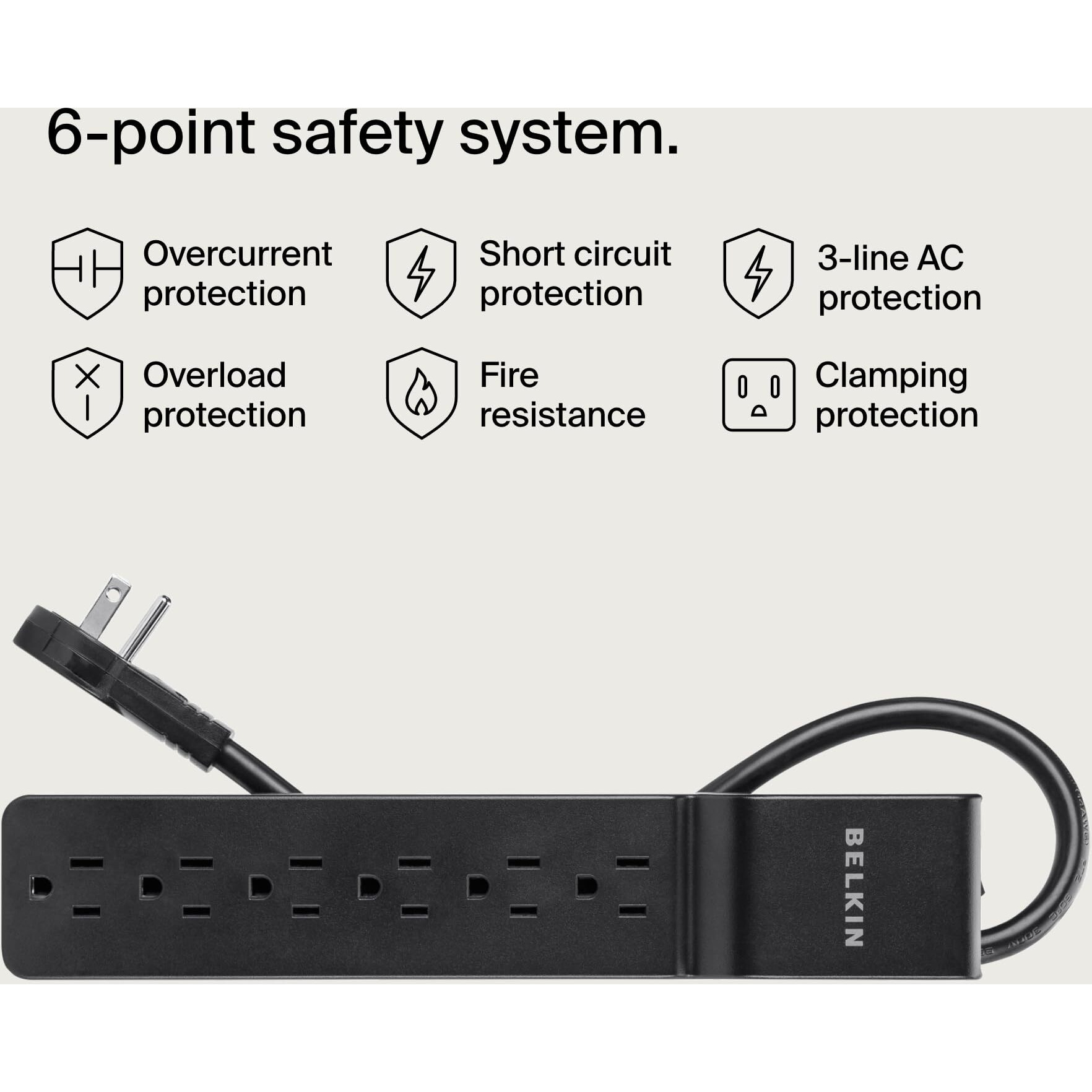 Belkin Surge Protector Power Strip With 6 Ac Outlets  6Ft/1.8M Long Heavy-Duty Extension Cord  & 360-Degree Rotating Ac Plug For Conference Rooms  Computer Desktops  & More - 600 Joules Of Protection