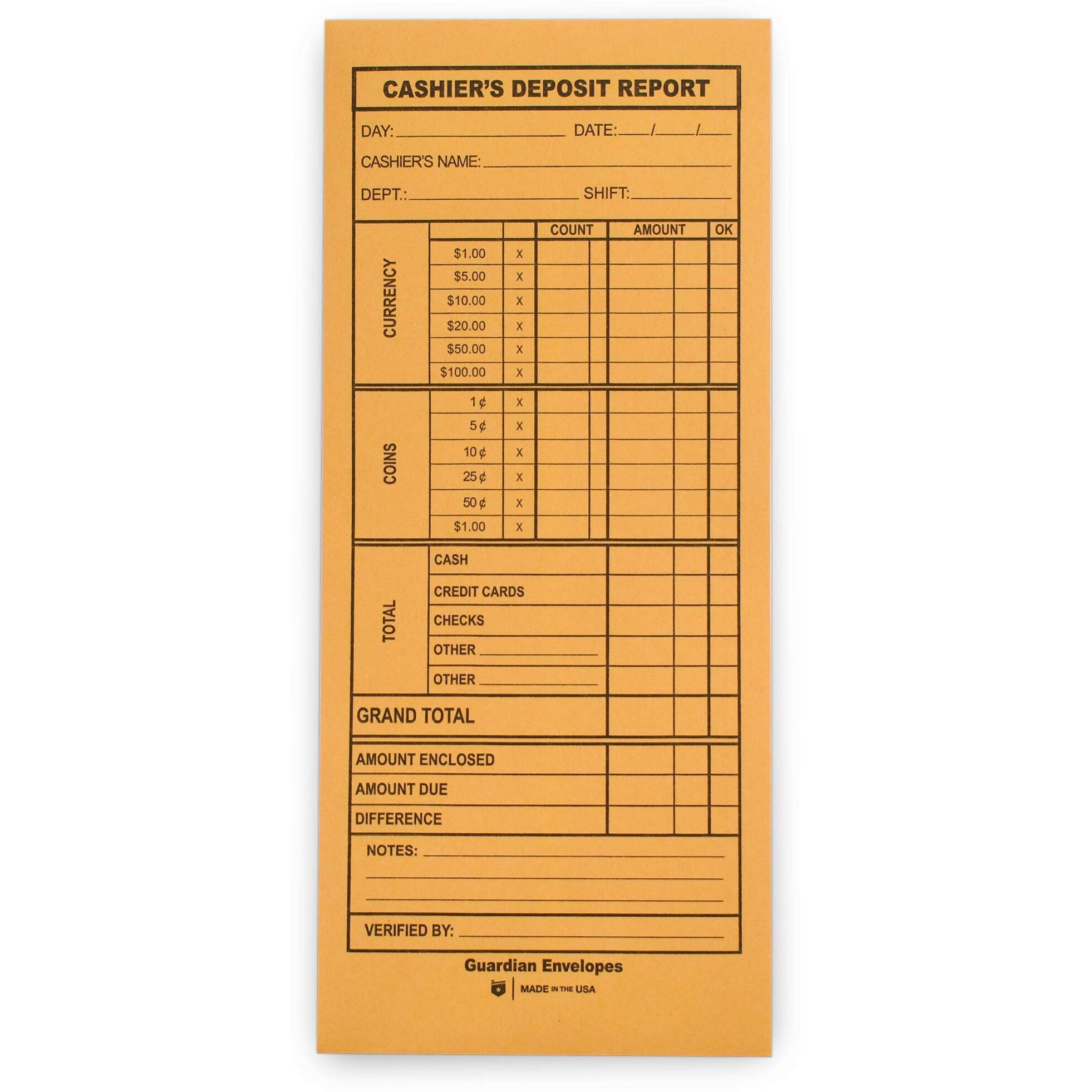 Guardian Cashier Deposit Report Envelopes With Gummed Flaps  Pack Of 500 Cash Drop Envelopes - Cash Register For Small Businesses - Cashier Register For Retailers & Restaurants - Brown Kraft Envelopes