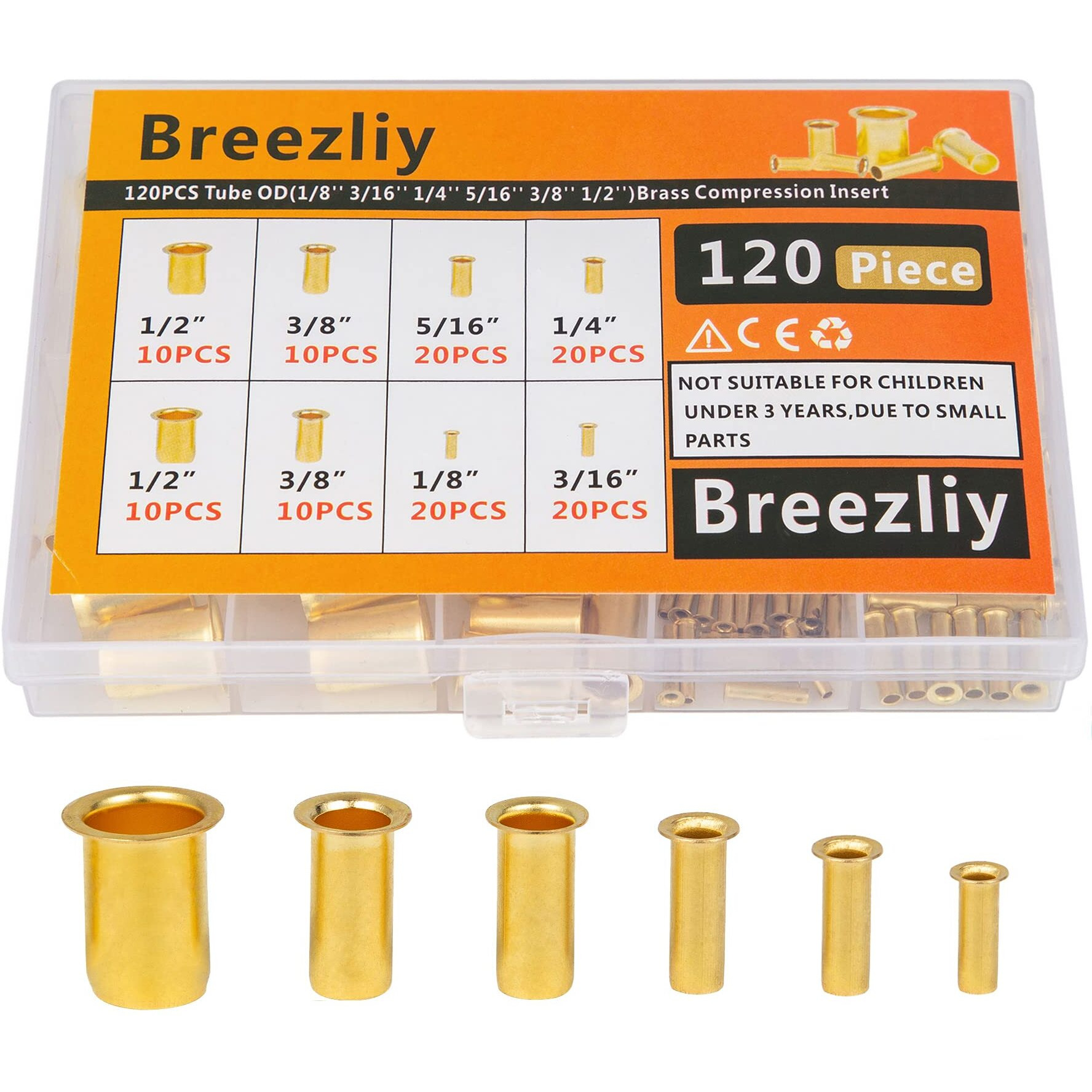 Breezliy 120Pcs Tube Od(1/8"&quot3/16"" 1/4"" 5/16'' 3/8"" 1/2"") Brass Compression Insert Insert Tube Support Compression Sleeve Fitting