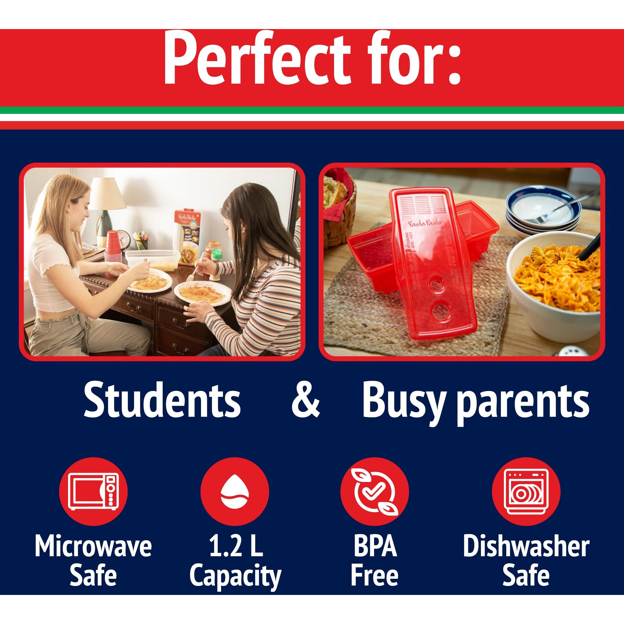 Microwave Pasta Cooker- The Original Fasta Pasta (Red)- Quickly Cooks Up To 4 Servings- No Mess  Sticking Or Waiting For Boil- Perfect Al Dente Pasta Every Time- For Dorms  Small Kitchens  Or Offices